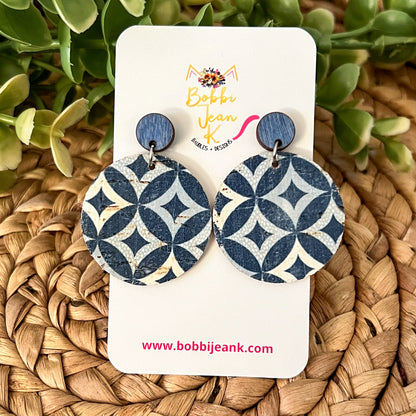 Blue Geometric Circle Drop Cork on Leather Earrings: Choose From 2 Styles - ONLY ONE LEFT OF EACH STYLE