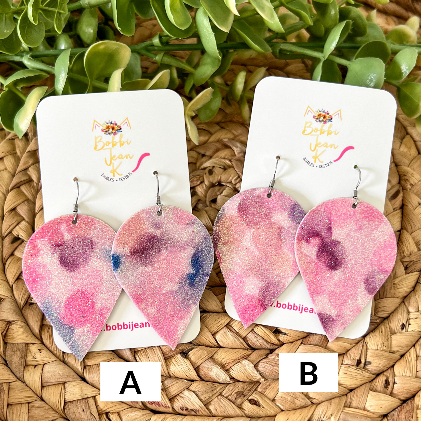Infused Glitter Pink & Purple Inverted Teardrop Leather Earrings - LAST CHANCE