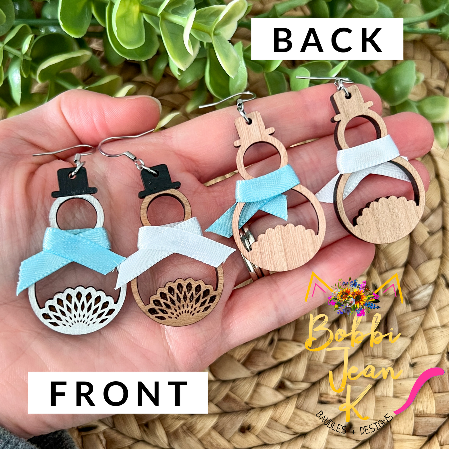 Elegant Engraved Wood Snowman Earrings With Ribbon Scarf: Choose From 2 Wood Options