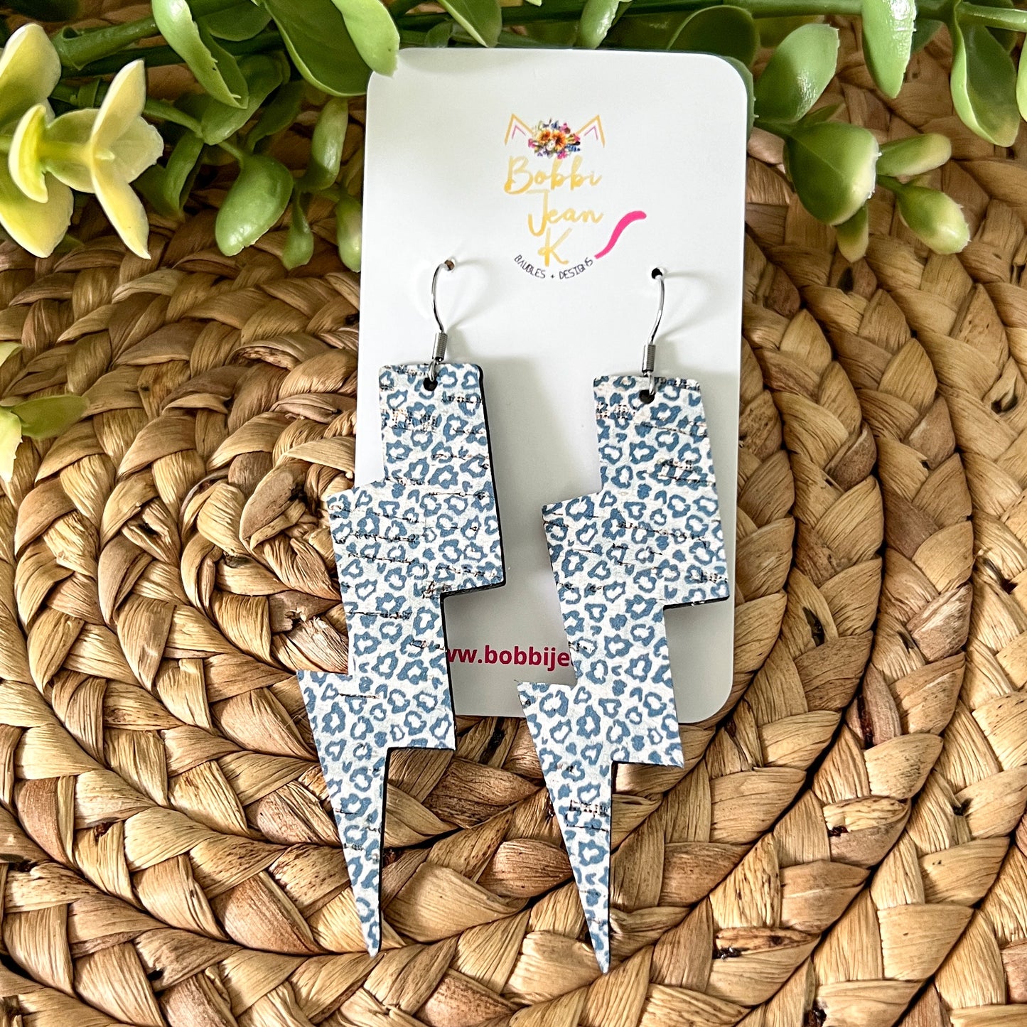 SALE: Baby Blue Leopard Lightning Bolt Leather Earrings