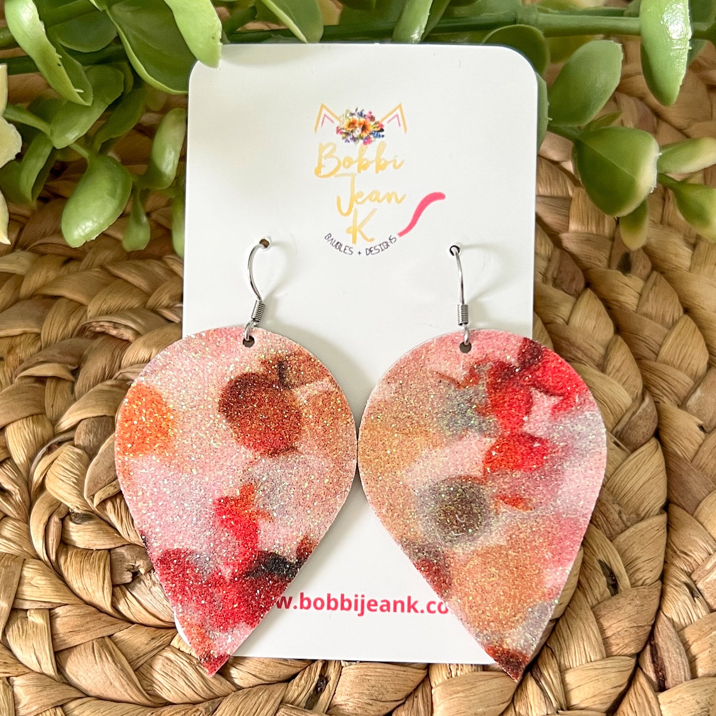 Infused Glitter Autumn Tones Inverted Teardrop Leather Earrings - LAST CHANCE