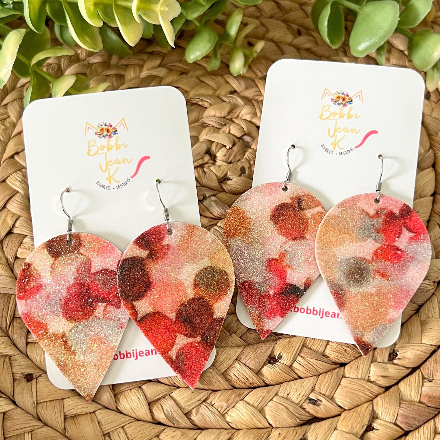 Infused Glitter Autumn Tones Inverted Teardrop Leather Earrings - LAST CHANCE