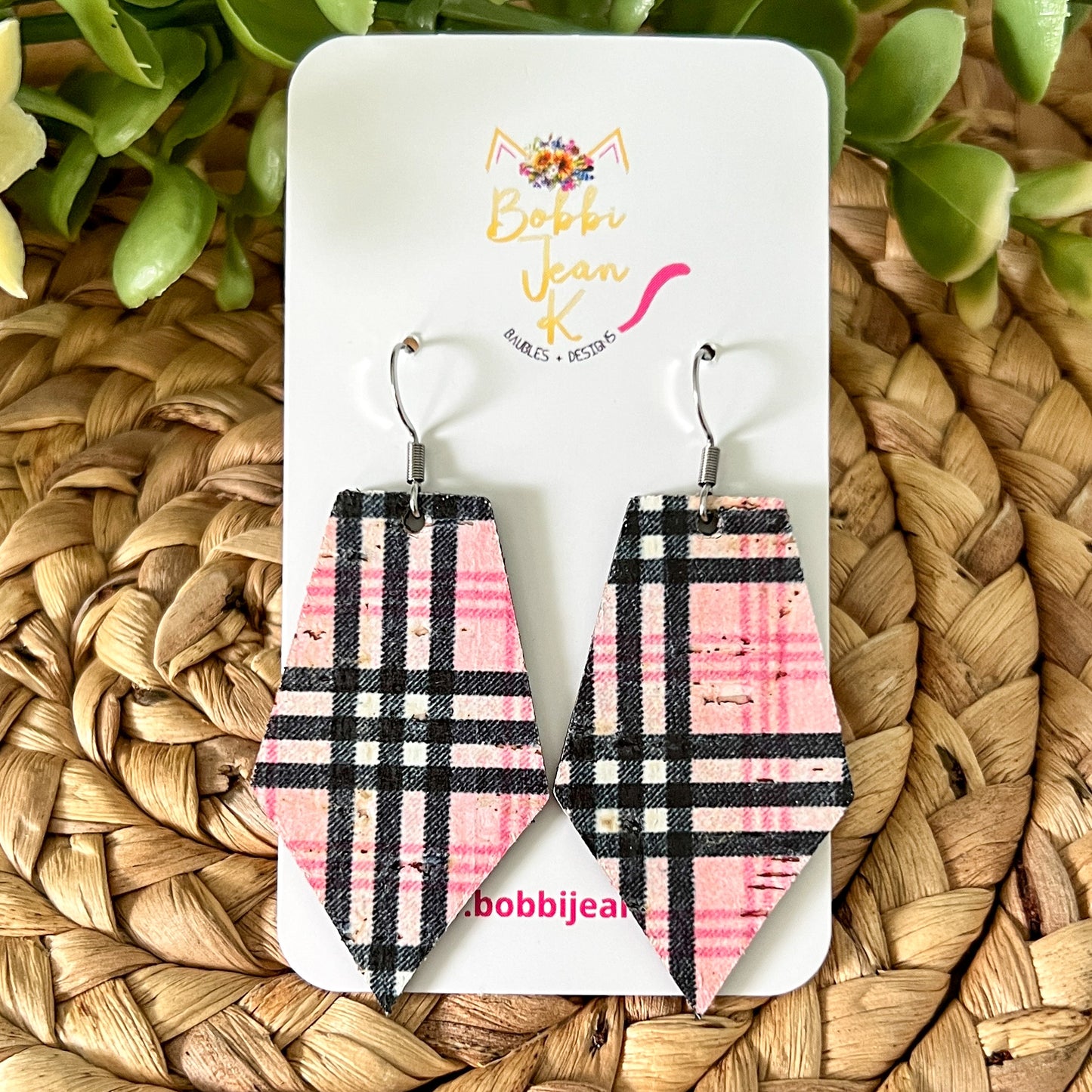 Pink & Black Plaid Pointed Pentagon Cork on Leather Earrings: Choose From 2 Sizes - LAST CHANCE
