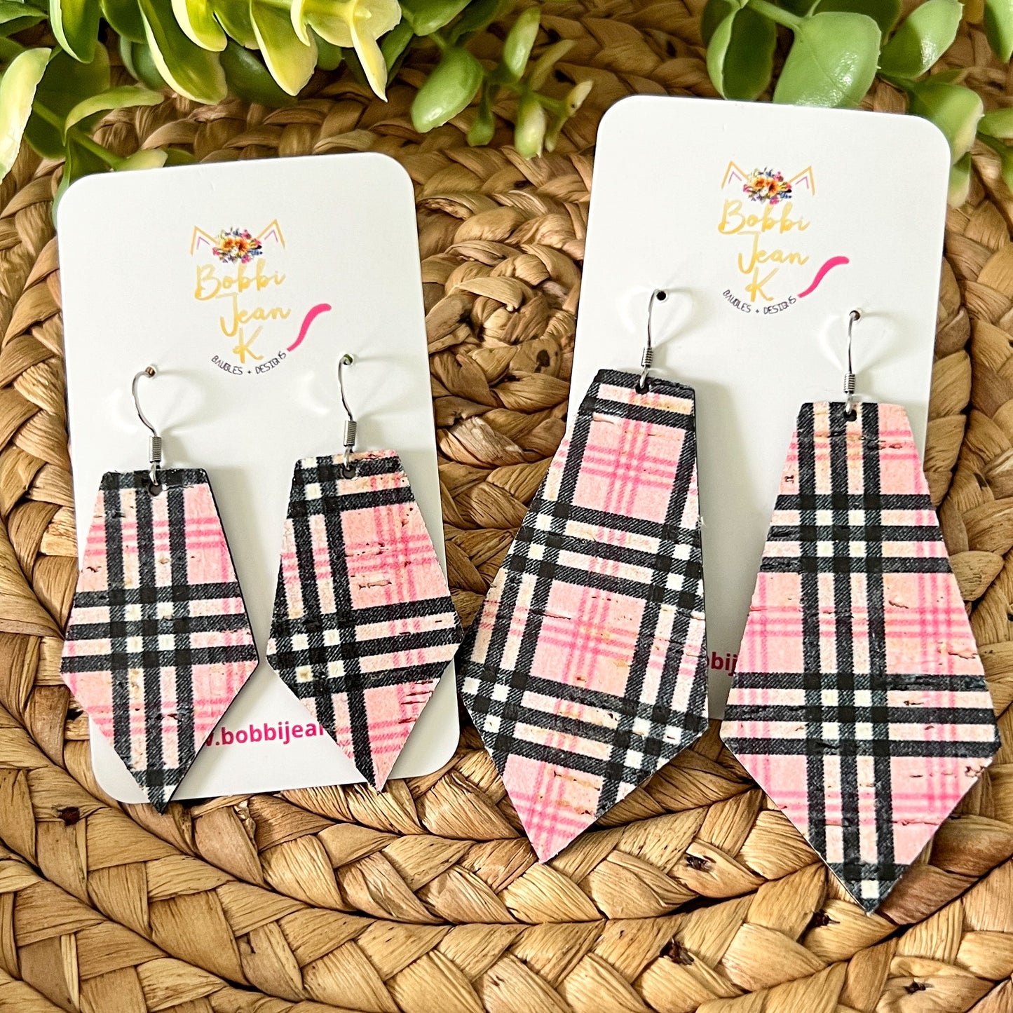 Pink & Black Plaid Pointed Pentagon Cork on Leather Earrings: Choose From 2 Sizes - LAST CHANCE