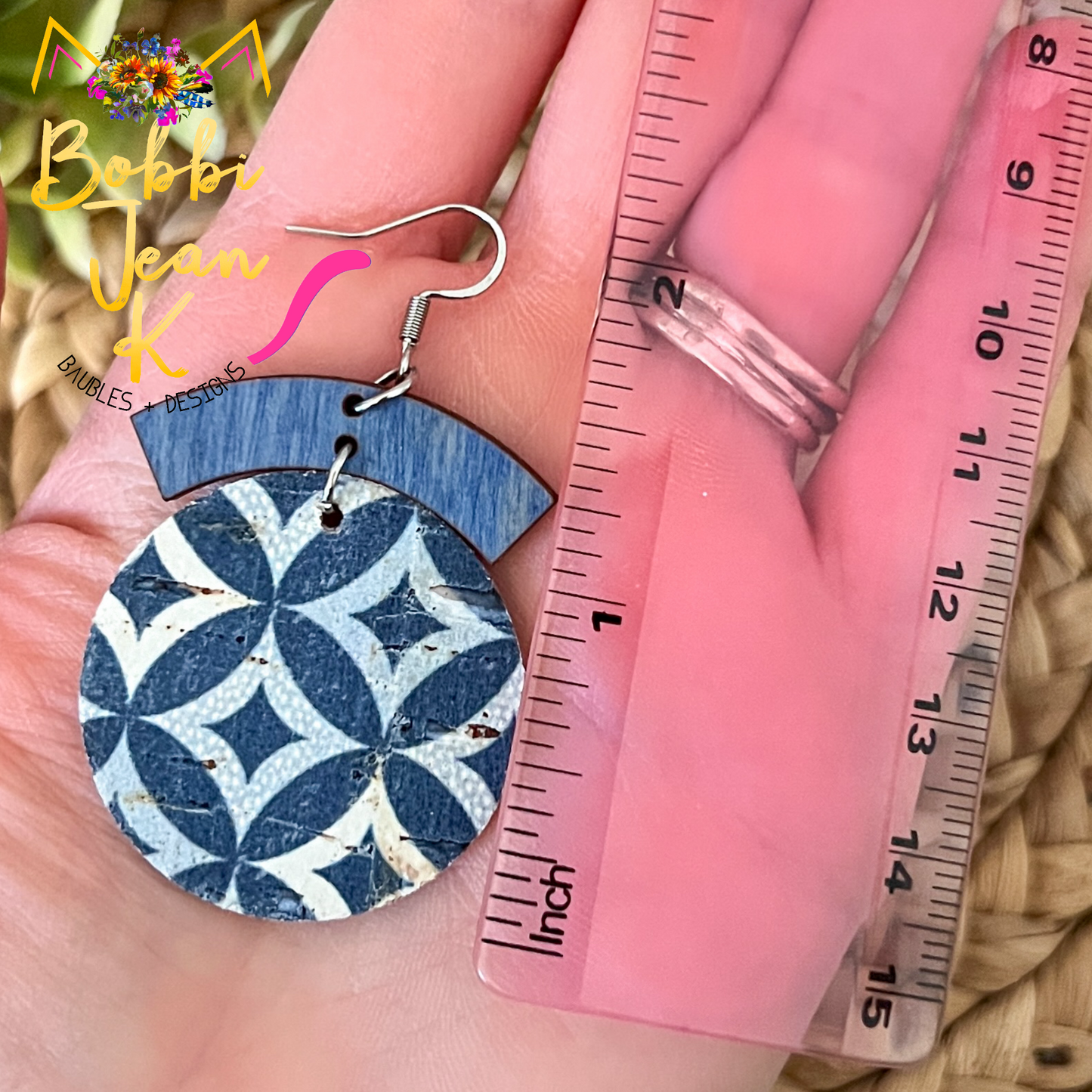 Blue Geometric Circle Drop Cork on Leather Earrings: Choose From 2 Styles - ONLY ONE LEFT OF EACH STYLE
