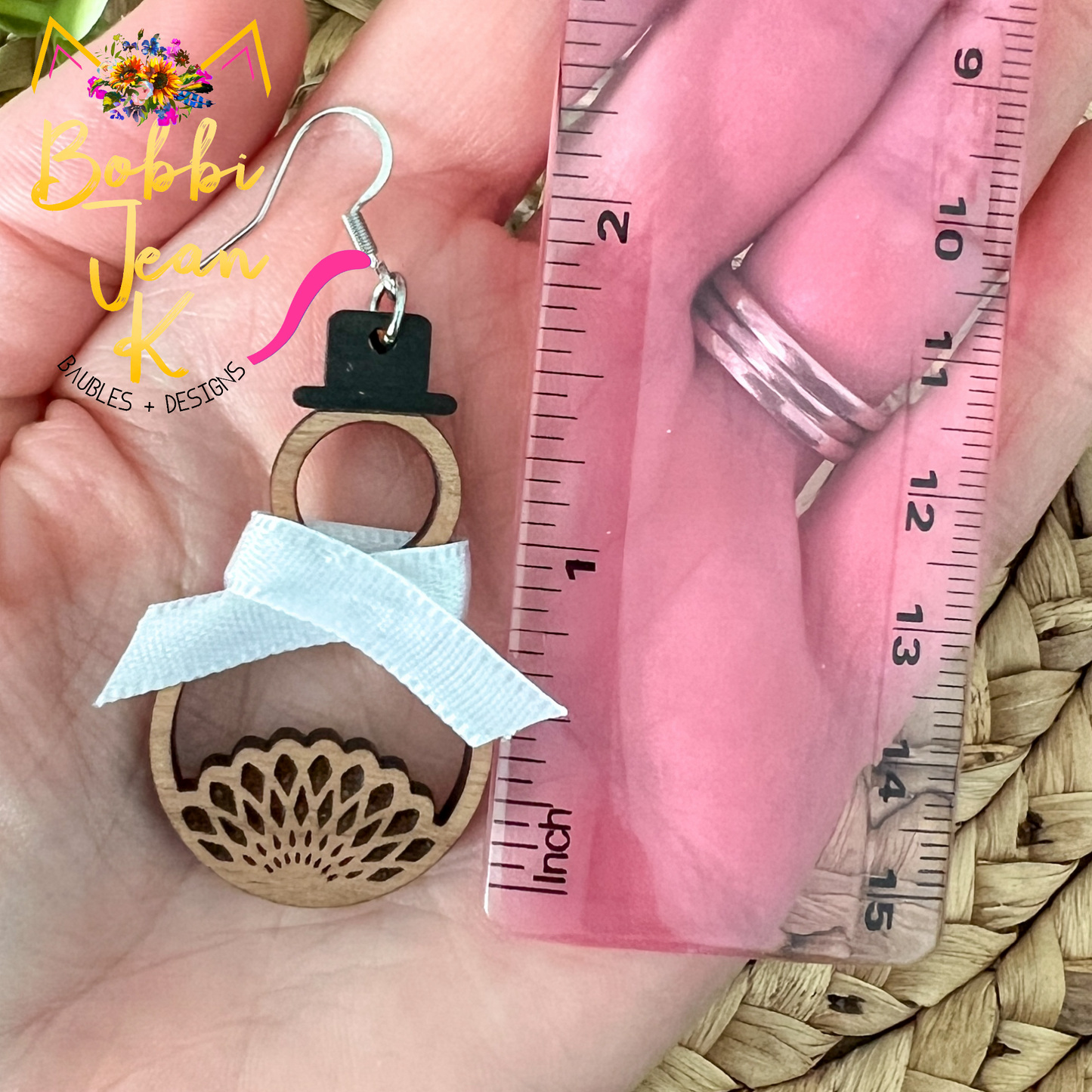 Elegant Engraved Wood Snowman Earrings With Ribbon Scarf: Choose From 2 Wood Options