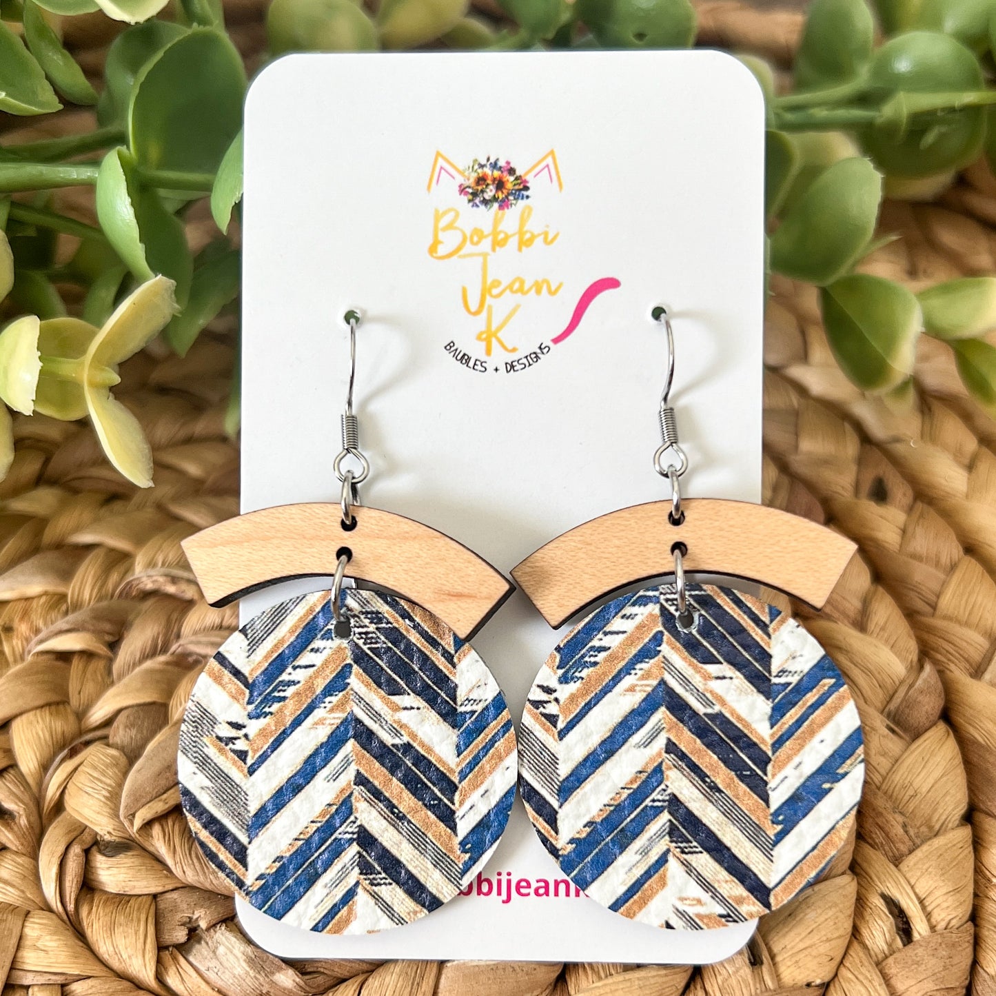 Herringbone Circle Drop Leather Earrings - LAST CHANCE