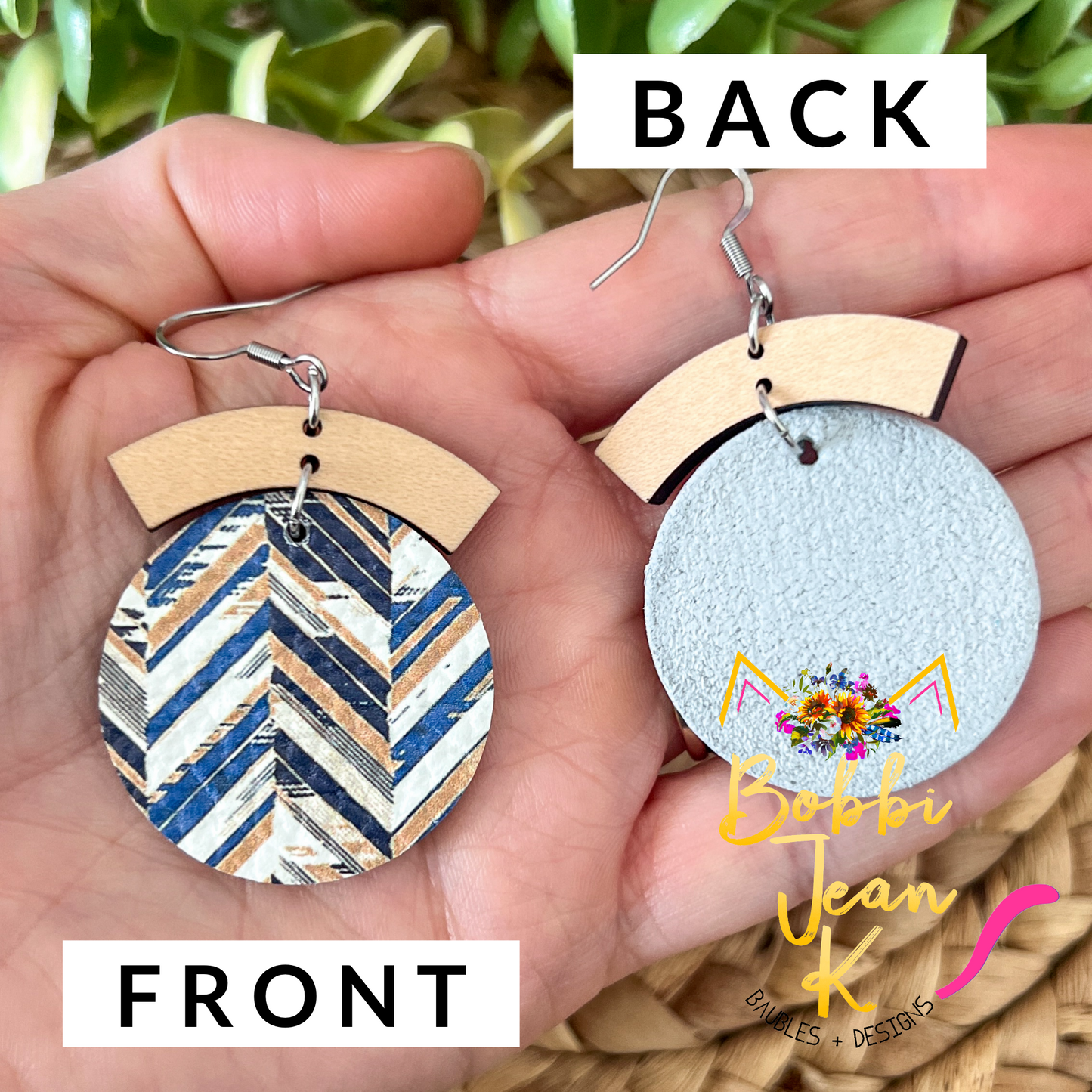 Herringbone Circle Drop Leather Earrings - LAST CHANCE