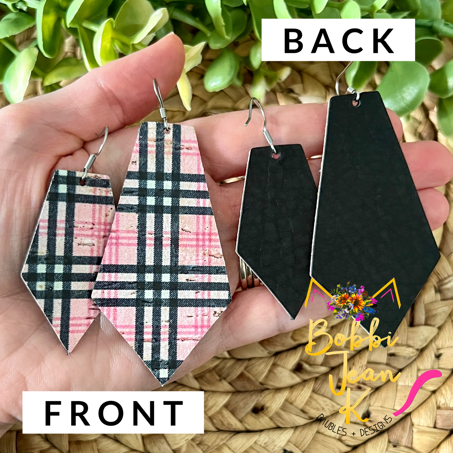Pink & Black Plaid Pointed Pentagon Cork on Leather Earrings: Choose From 2 Sizes - LAST CHANCE