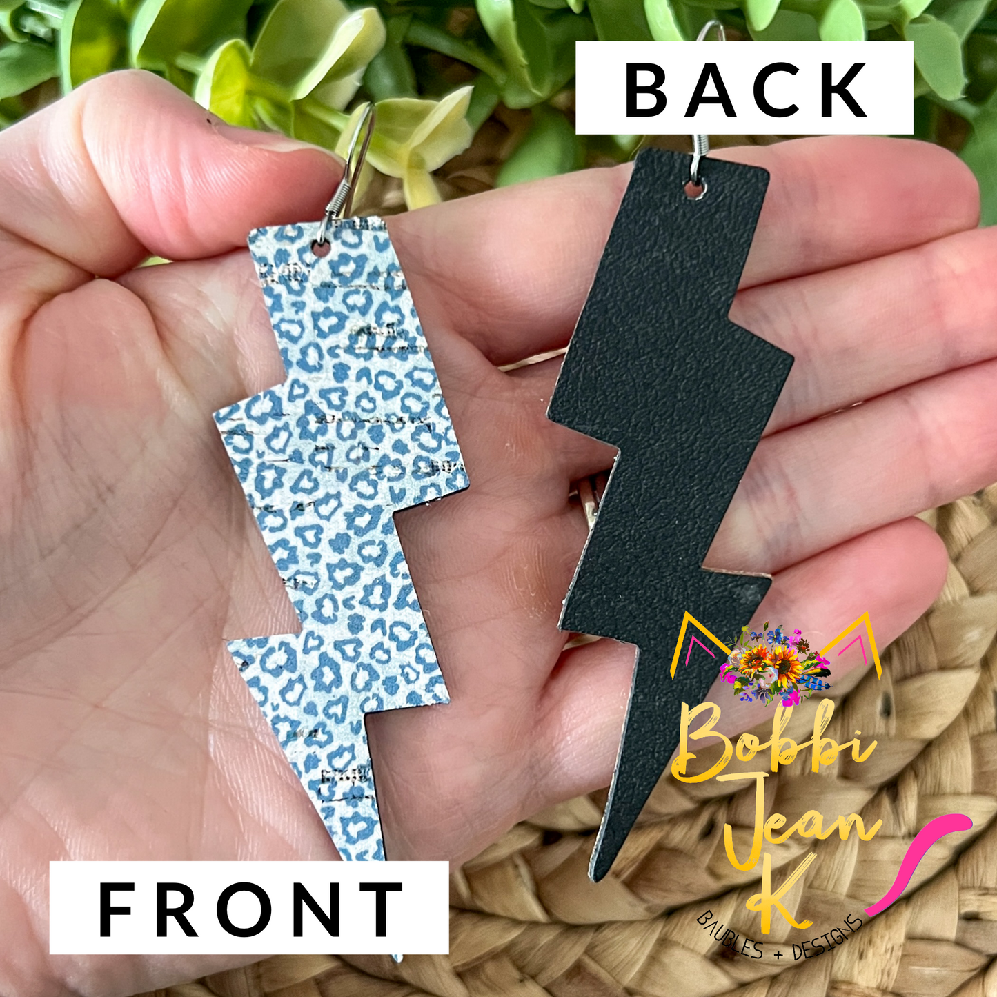 SALE: Baby Blue Leopard Lightning Bolt Leather Earrings