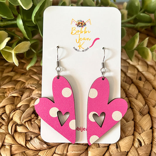 Pink & White Polka Dot Heart Cutout Wood Earrings