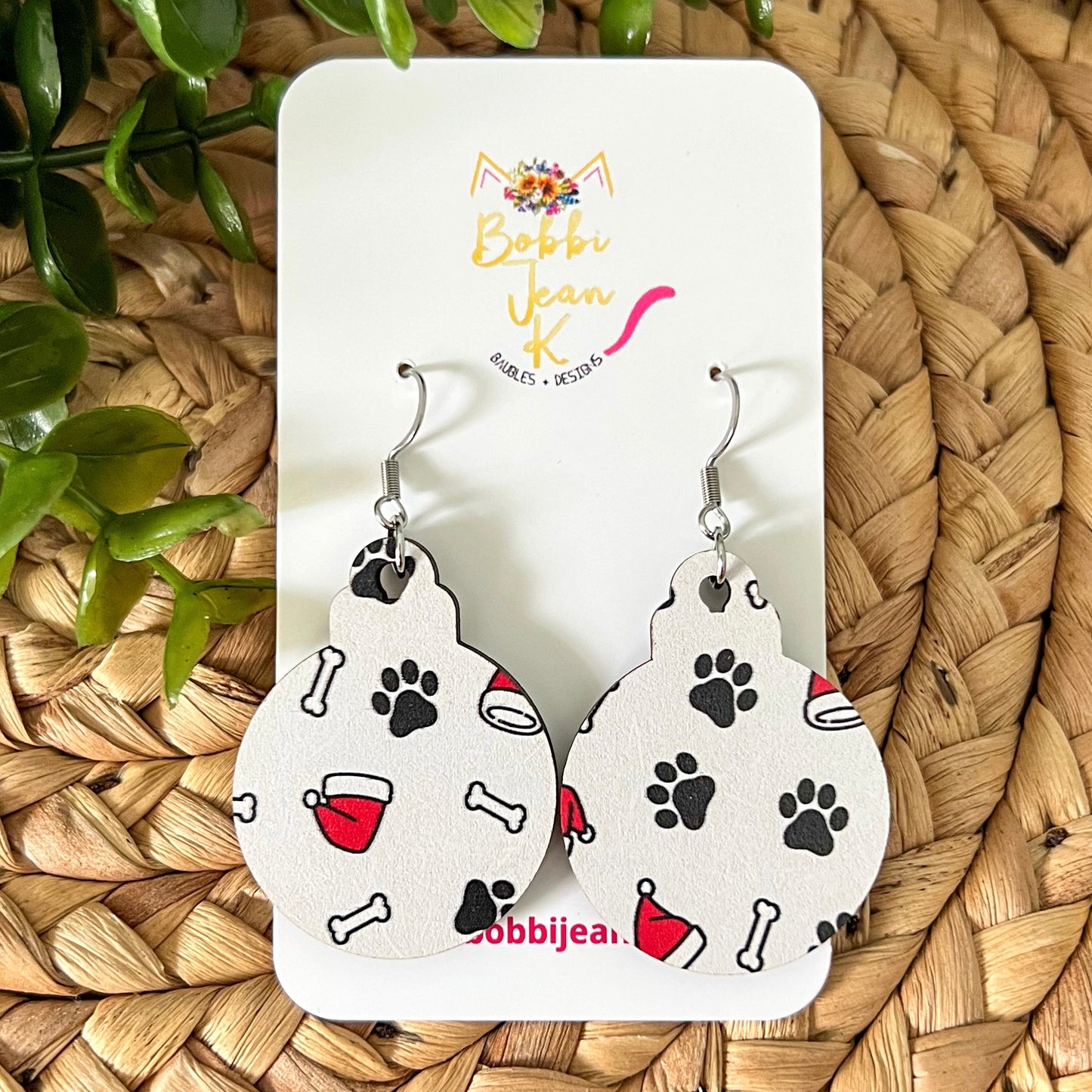 Holiday Paw Print Ornament Shape Wood Earrings - LAST CHANCE