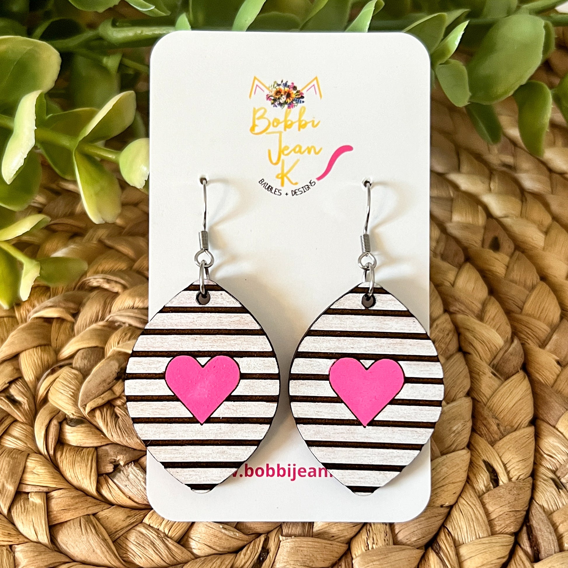 Stripes & Heart Hand Painted Wood Earrings: Choose From 2 Colors