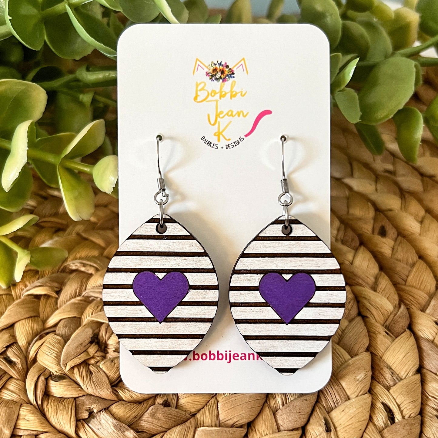 Stripes & Heart Hand Painted Wood Earrings: Choose From 2 Colors