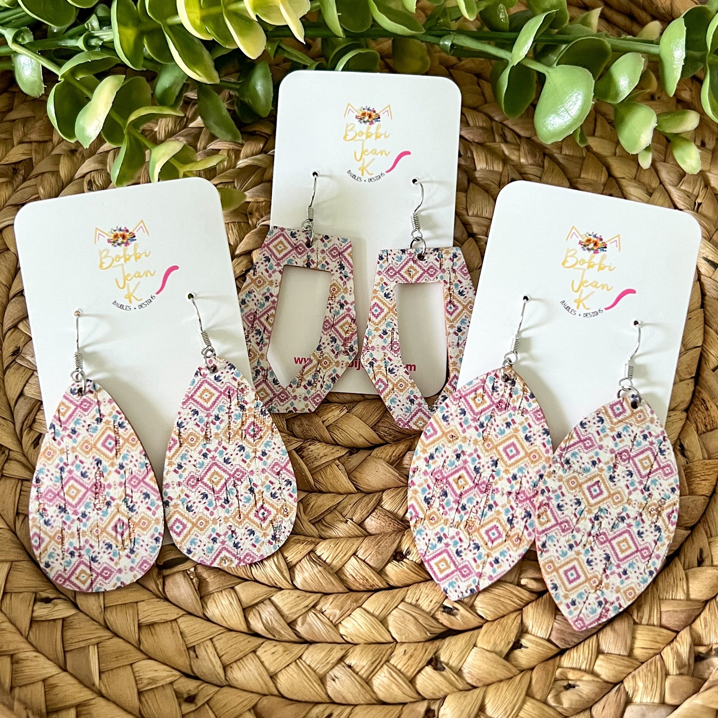 SALE: Diamond Multi-Colored Aztec Cork on Leather Earrings: Choose From 3 Styles - LAST CHANCE