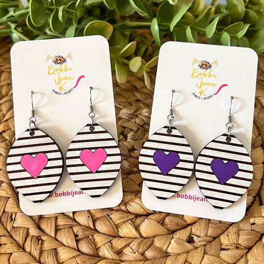 Stripes & Heart Hand Painted Wood Earrings: Choose From 2 Colors