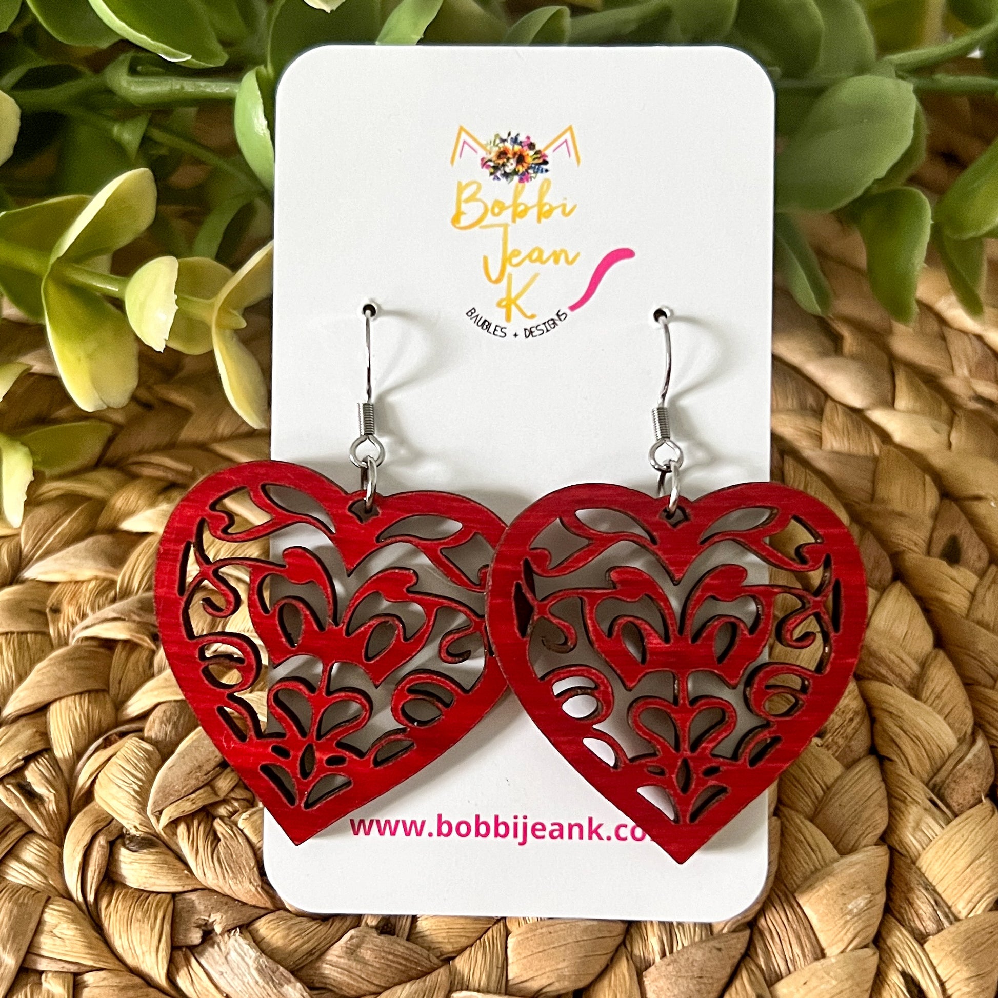 Doily Heart Dyed Wood Earrings: Choose From 3 Colors