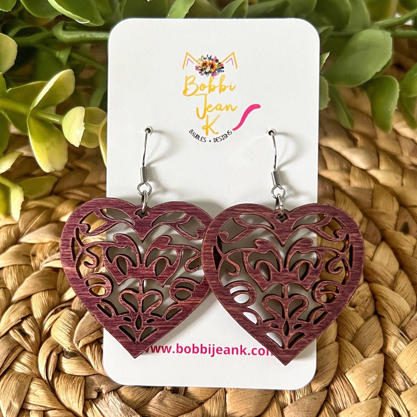 Doily Heart Dyed Wood Earrings: Choose From 3 Colors