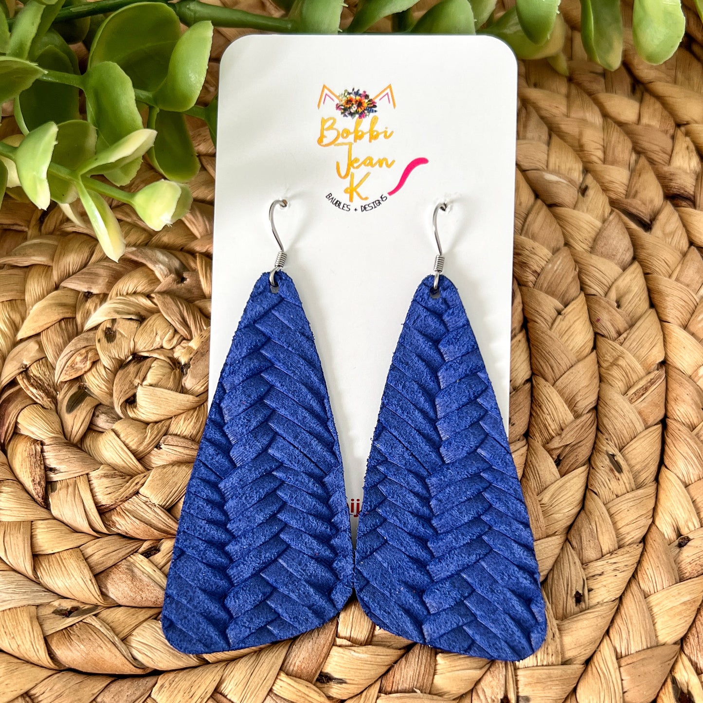 Blue "Fishtail Braided" Embossed Leather Earrings: Choose From 3 Styles - LAST CHANCE