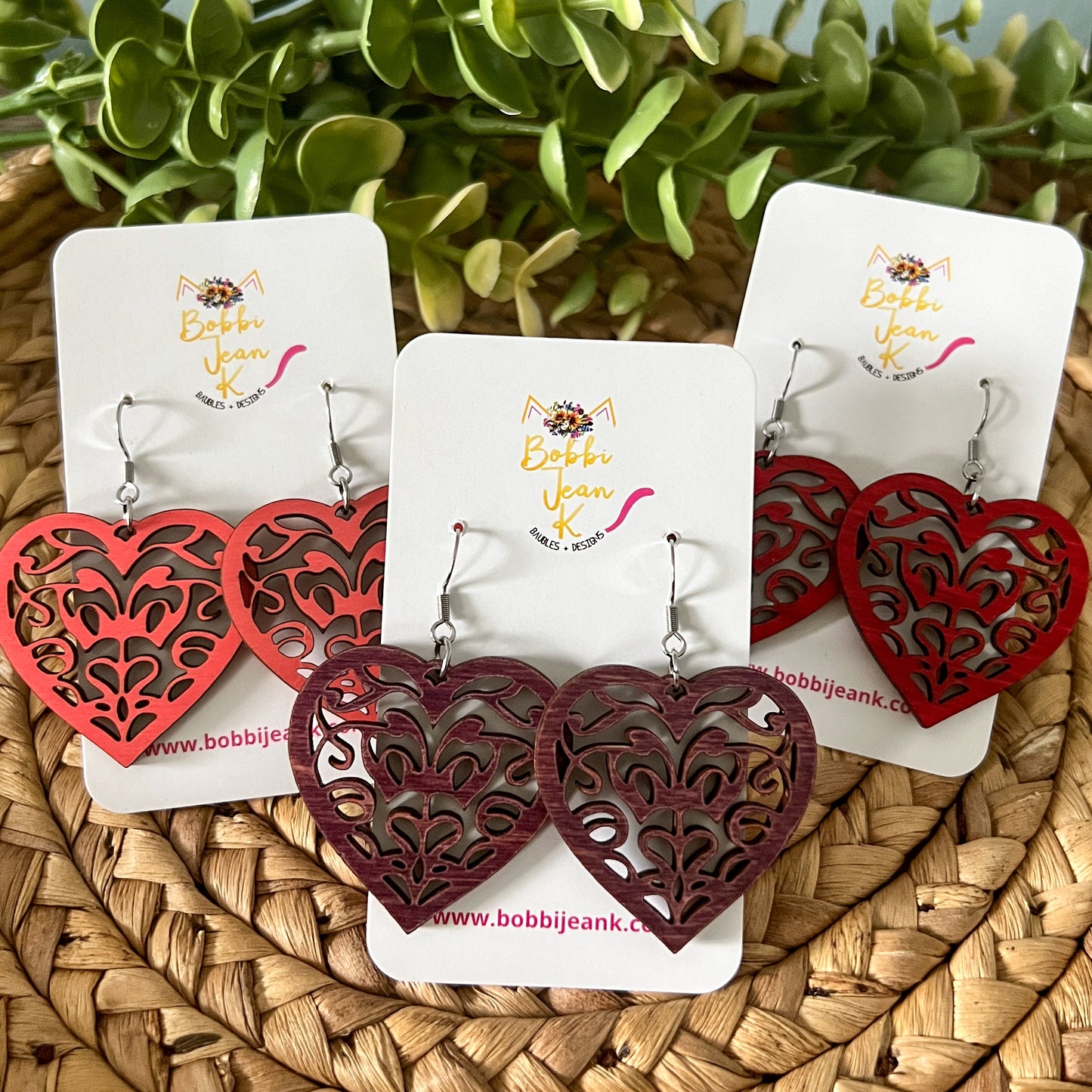 Doily Heart Dyed Wood Earrings: Choose From 3 Colors