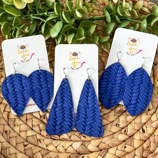 Blue "Fishtail Braided" Embossed Leather Earrings: Choose From 3 Shapes - ONLY ONE LEFT OF LEAF & TEARDROP