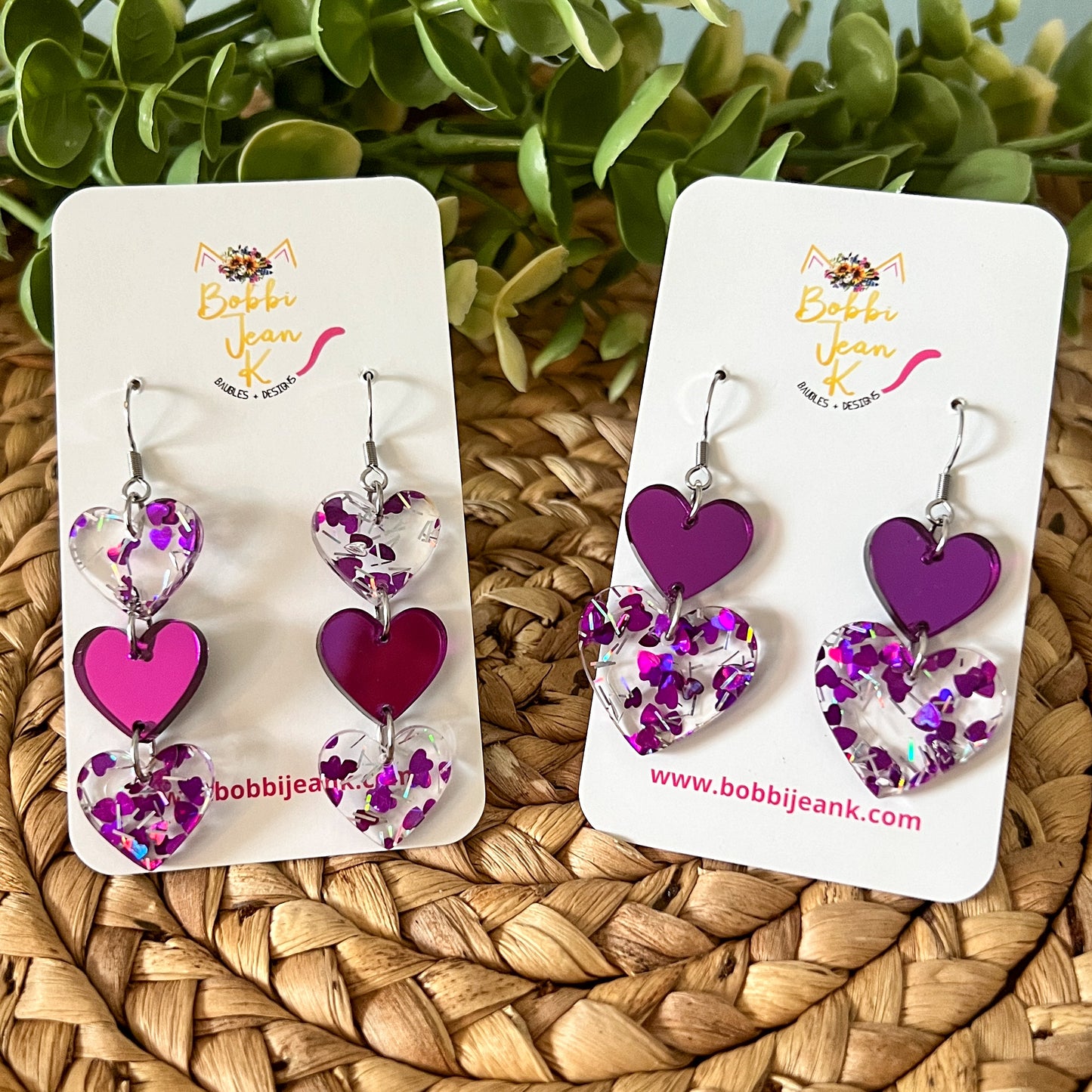 Purple Glittered & Mirrored Heart Acrylic Earrings: Choose From 2 Styles