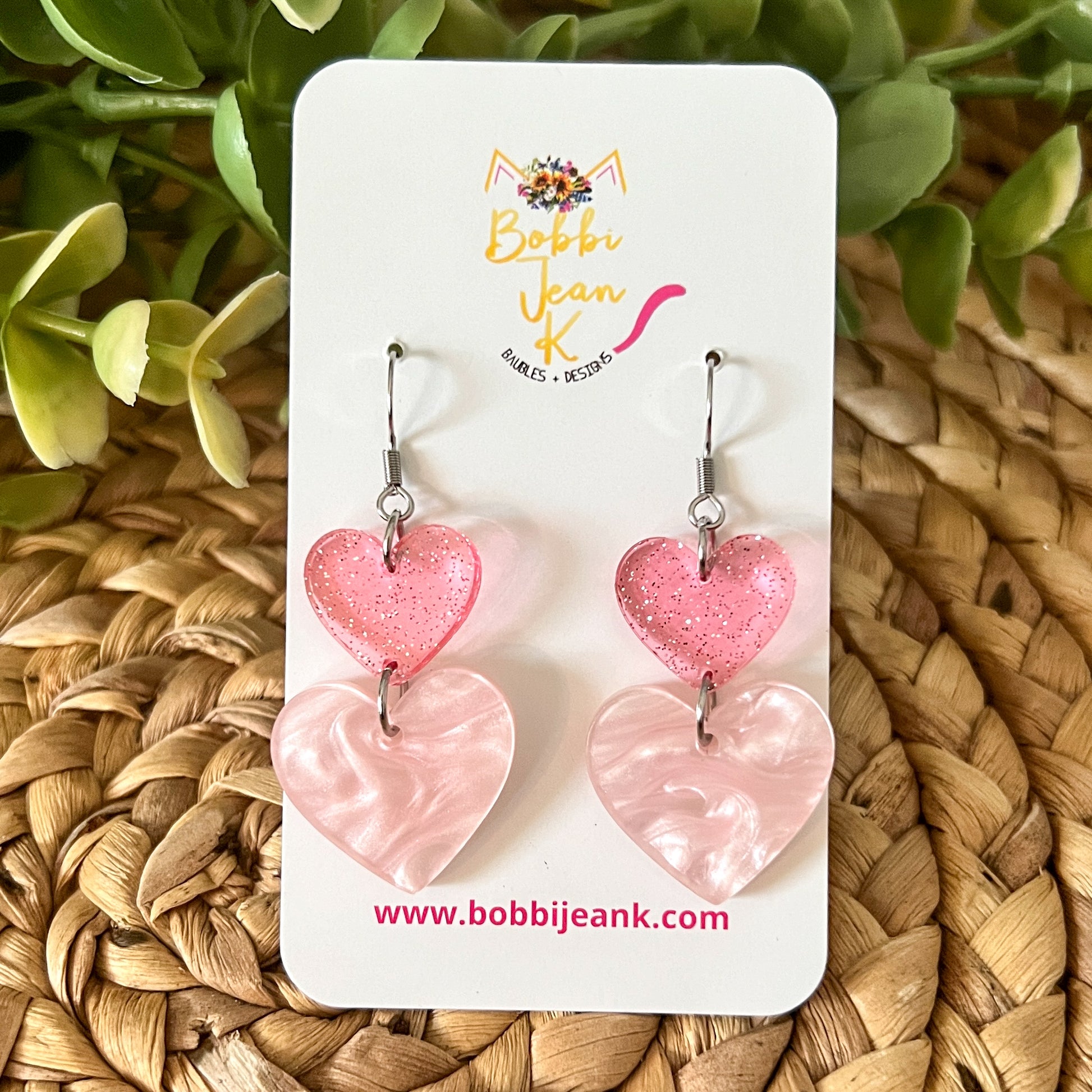 Pink Glittered & Marbled Heart Acrylic Earrings: Choose From 2 Styles