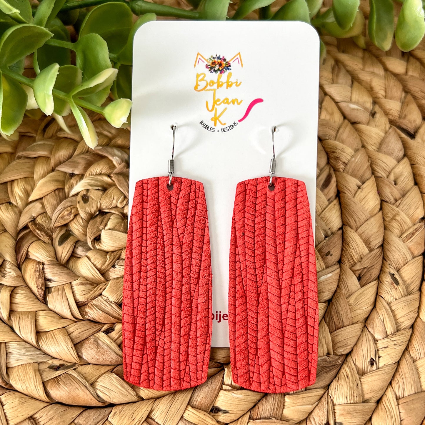Coral "Palm Leaf" Embossed Leather Earrings: Choose From 3 Styles - ONLY 1 BAR SHAPE LEFT