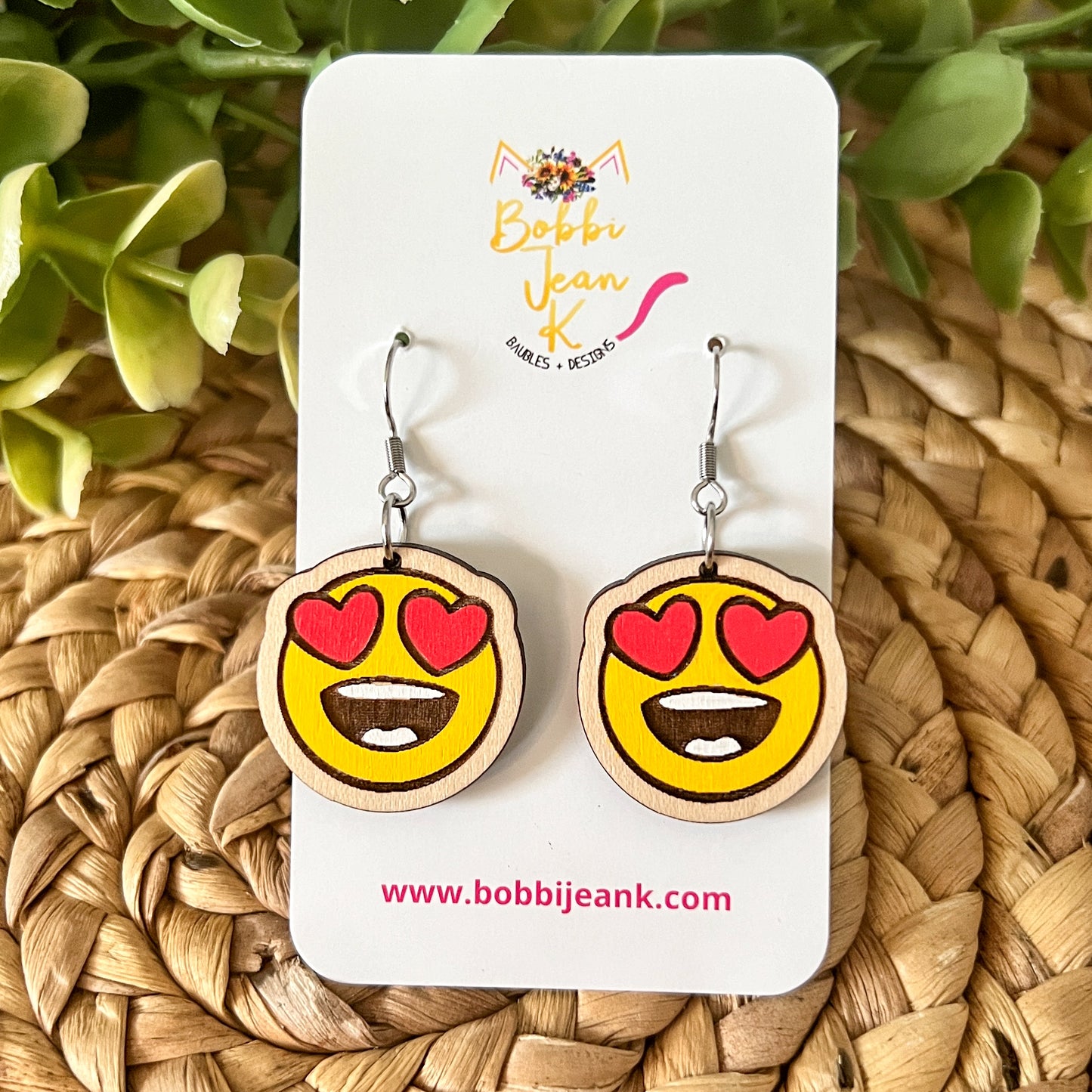 Hand Painted Heart Face Wood Earrings: Choose From 3 Designs