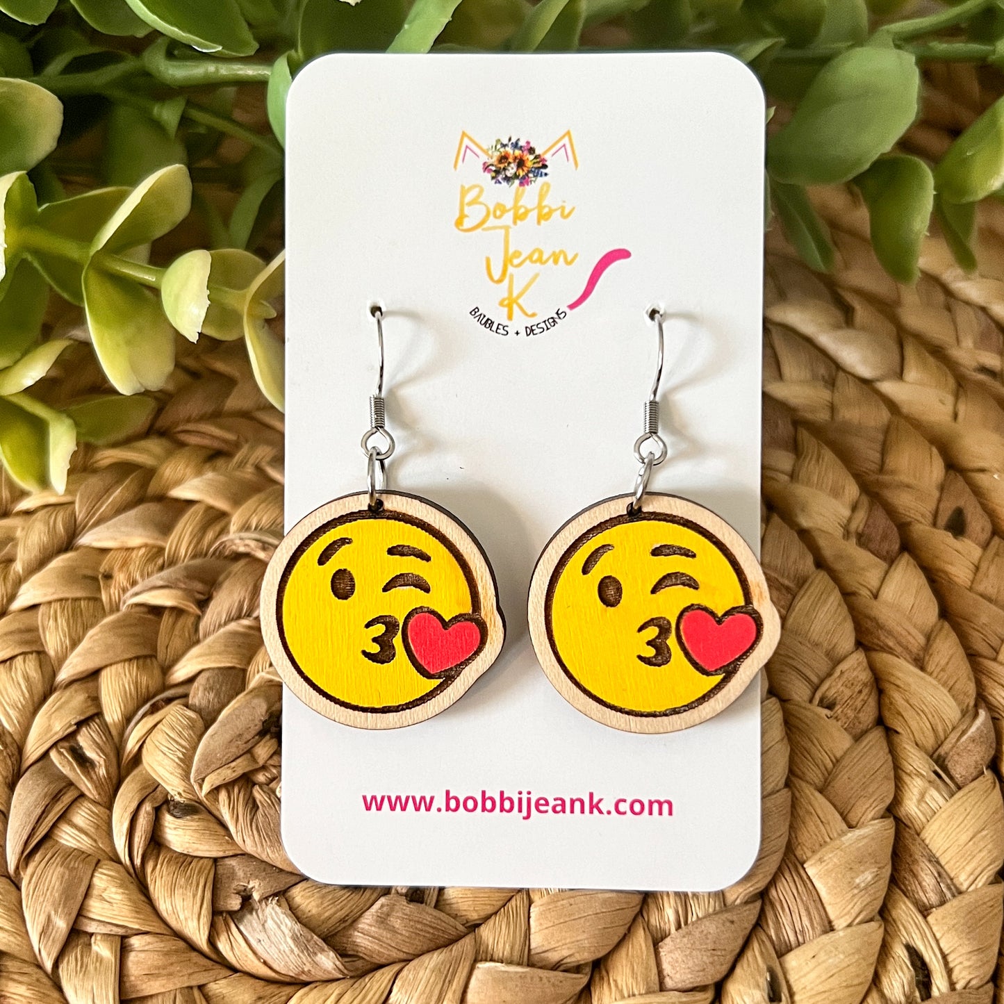 Hand Painted Heart Face Wood Earrings: Choose From 3 Designs