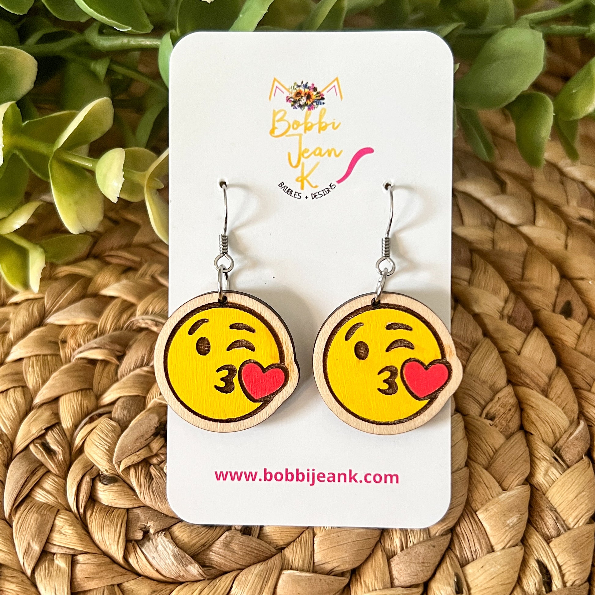 Hand Painted Heart Face Wood Earrings: Choose From 3 Designs