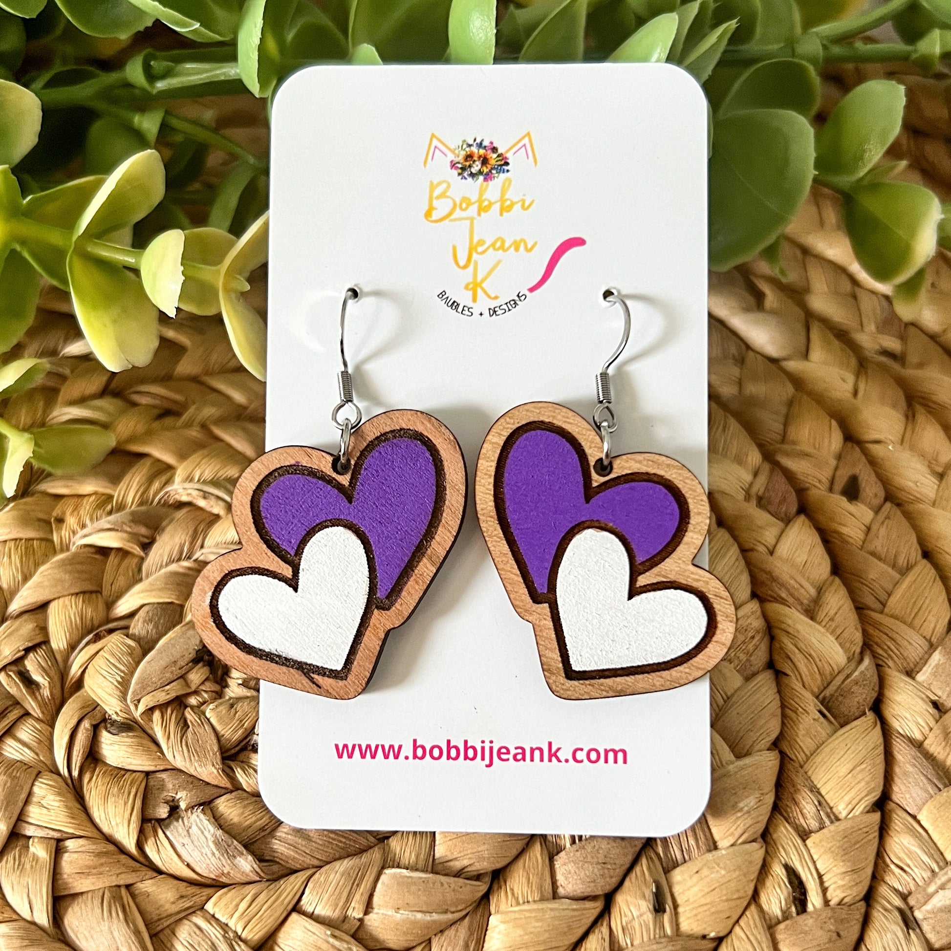 Hand Painted Double Heart Wood Earrings: Choose From 3 Colors