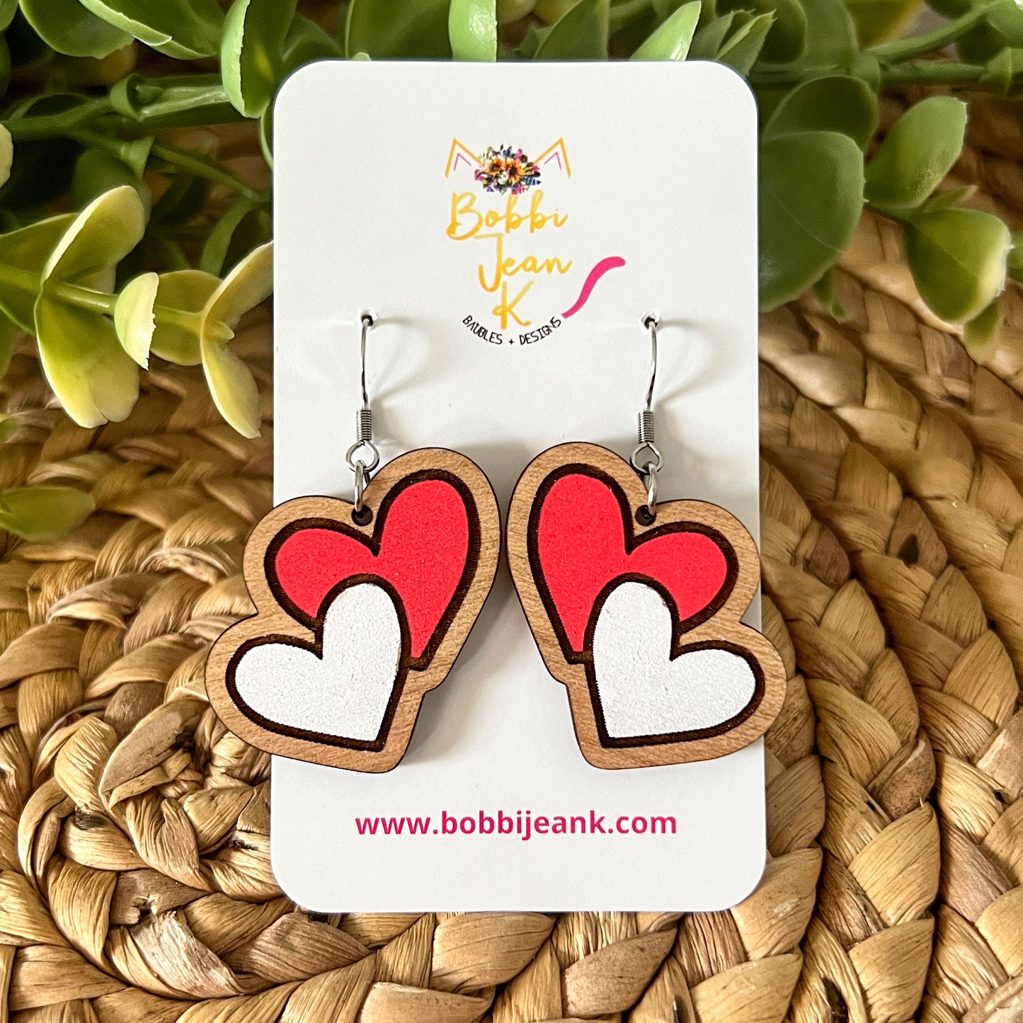 Hand Painted Double Heart Wood Earrings: Choose From 3 Colors