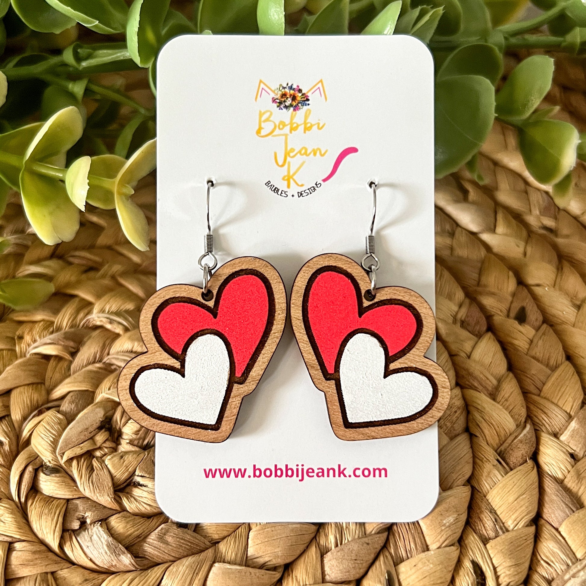 Hand Painted Double Heart Wood Earrings: Choose From 3 Colors