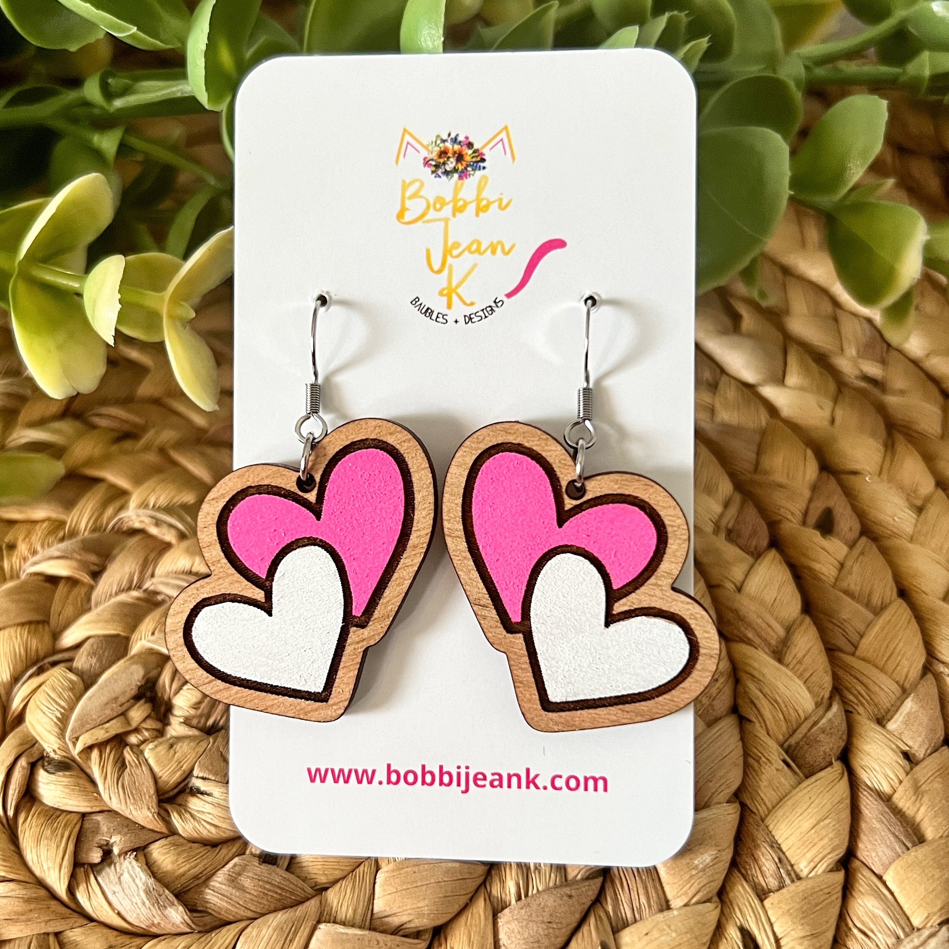 Hand Painted Double Heart Wood Earrings: Choose From 3 Colors