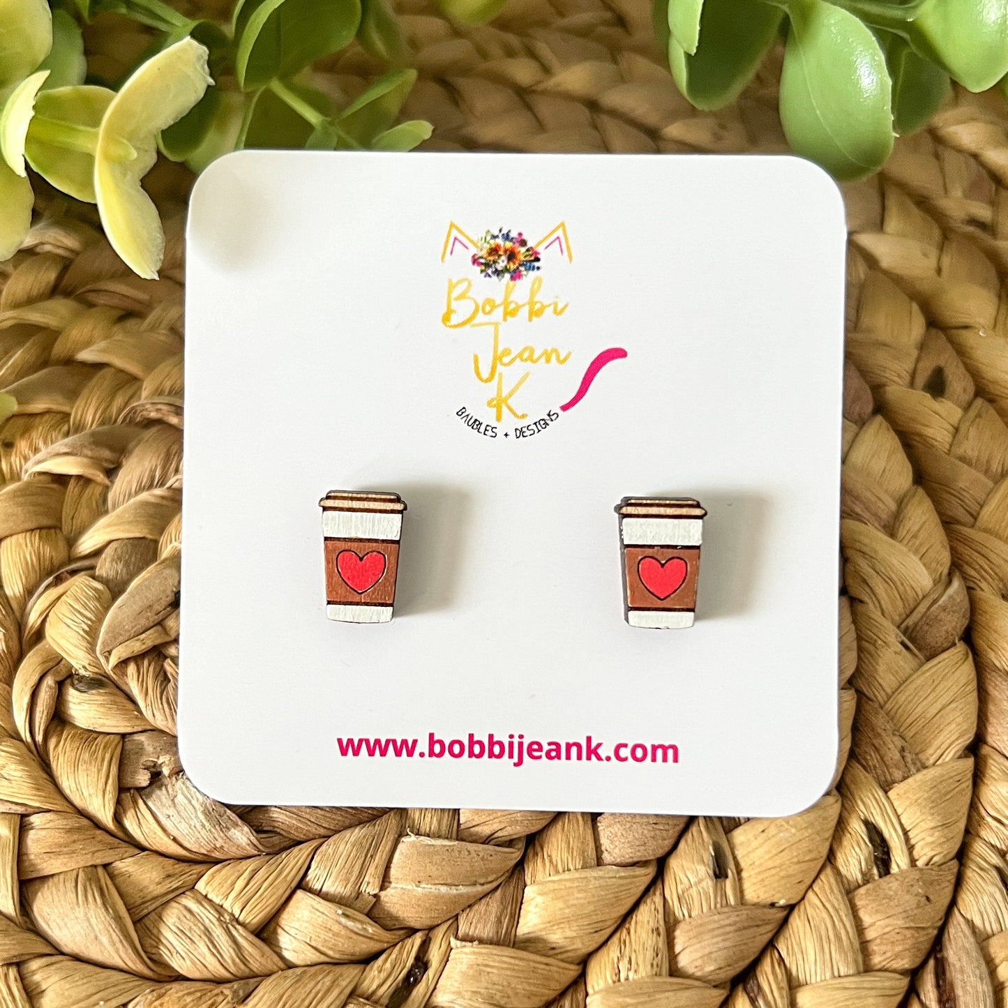 Hand Painted Heart Coffee Cup Wood Studs: Choose From 2 Colors