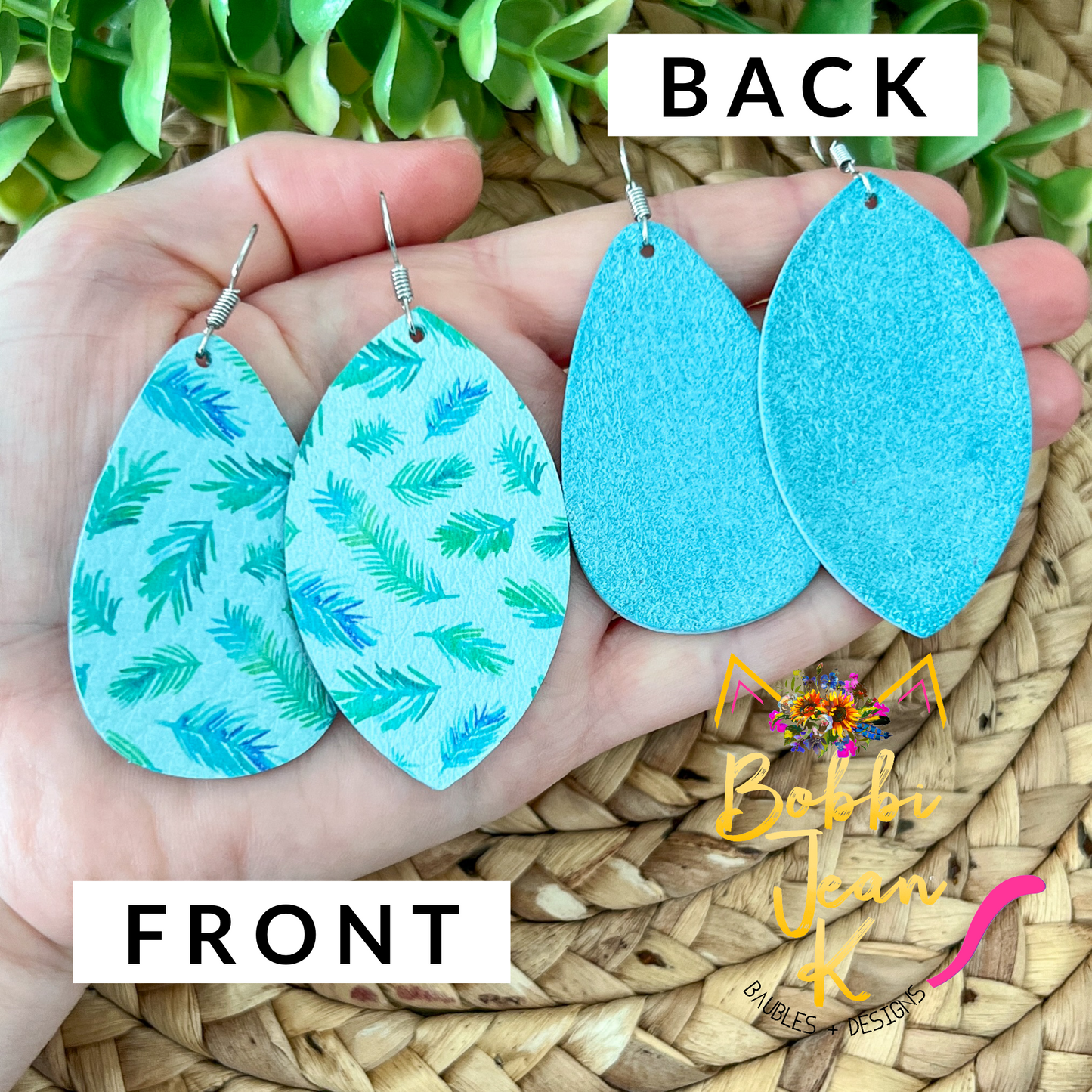 SALE: Aqua Fern Rounded Teardrop Leather Earrings - LAST CHANCE