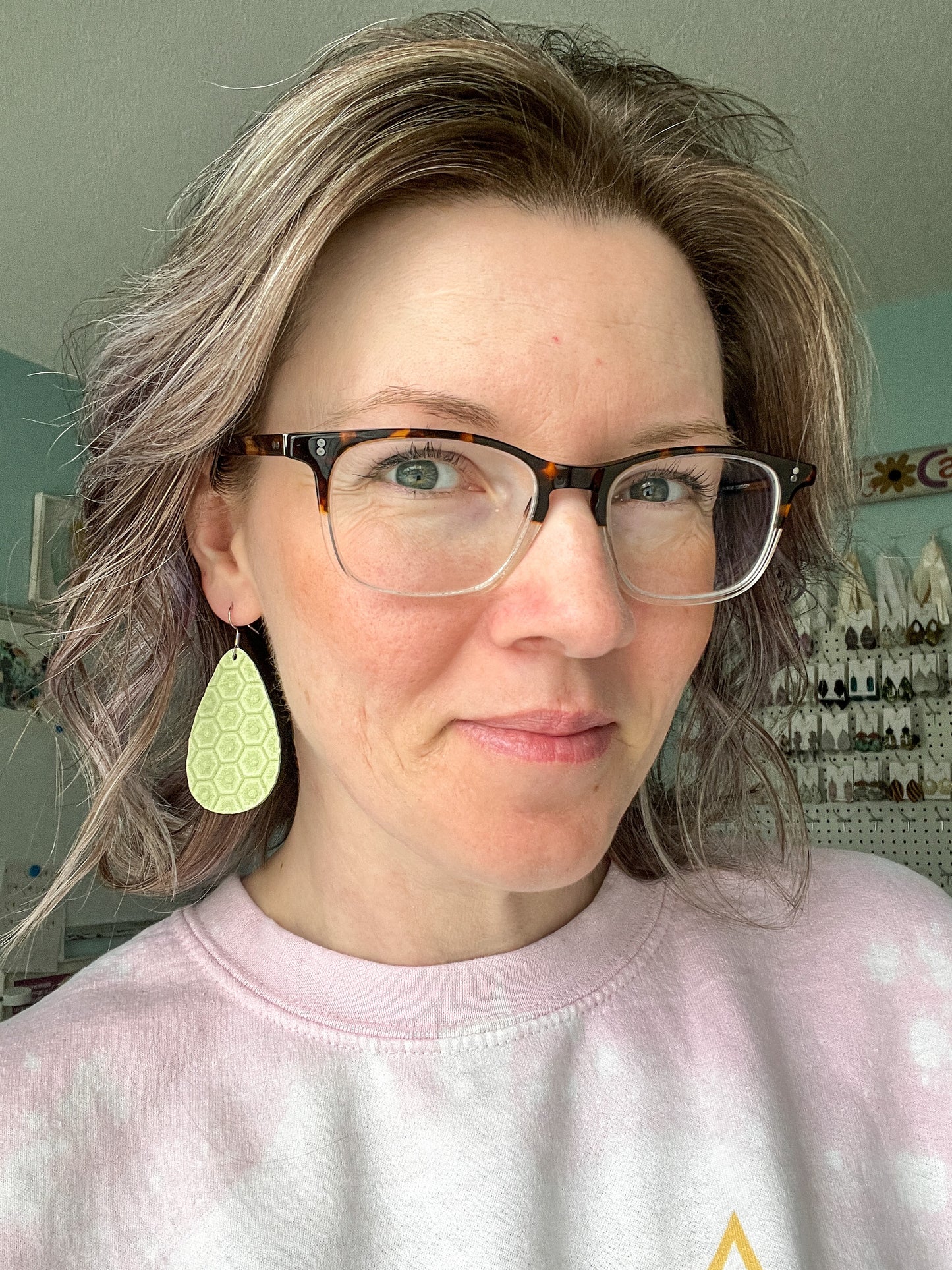 Light Green Honeycomb Embossed Leather Earrings: Choose From 3 Styles - LAST CHANCE