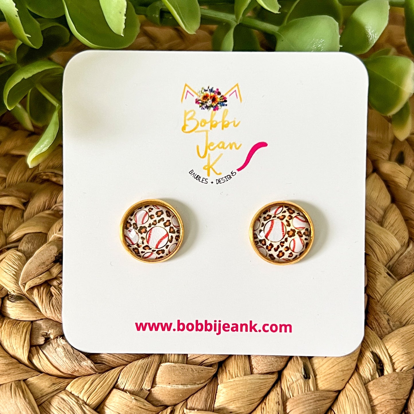 Leopard Baseball Glass Studs 12mm: Choose Silver or Gold Settings