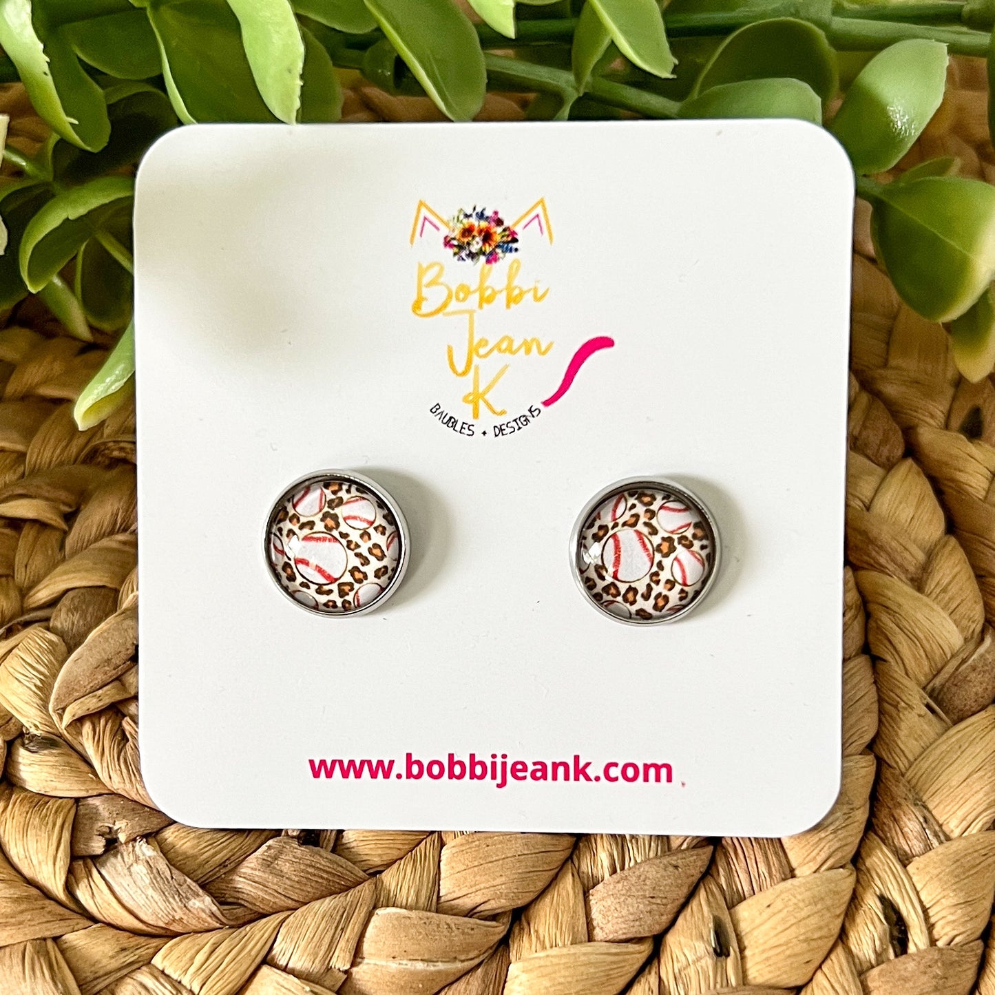 SALE: Leopard Baseball Glass Studs 12mm: Choose Silver or Gold Settings - LAST CHANCE