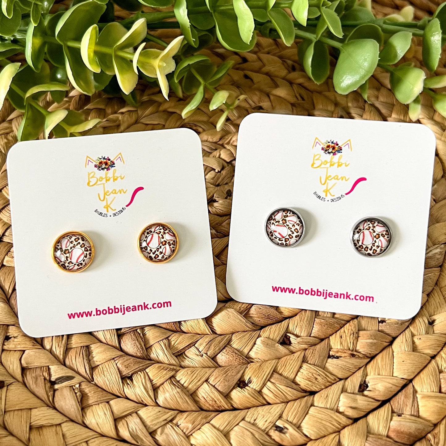 Leopard Baseball Glass Studs 12mm: Choose Silver or Gold Settings