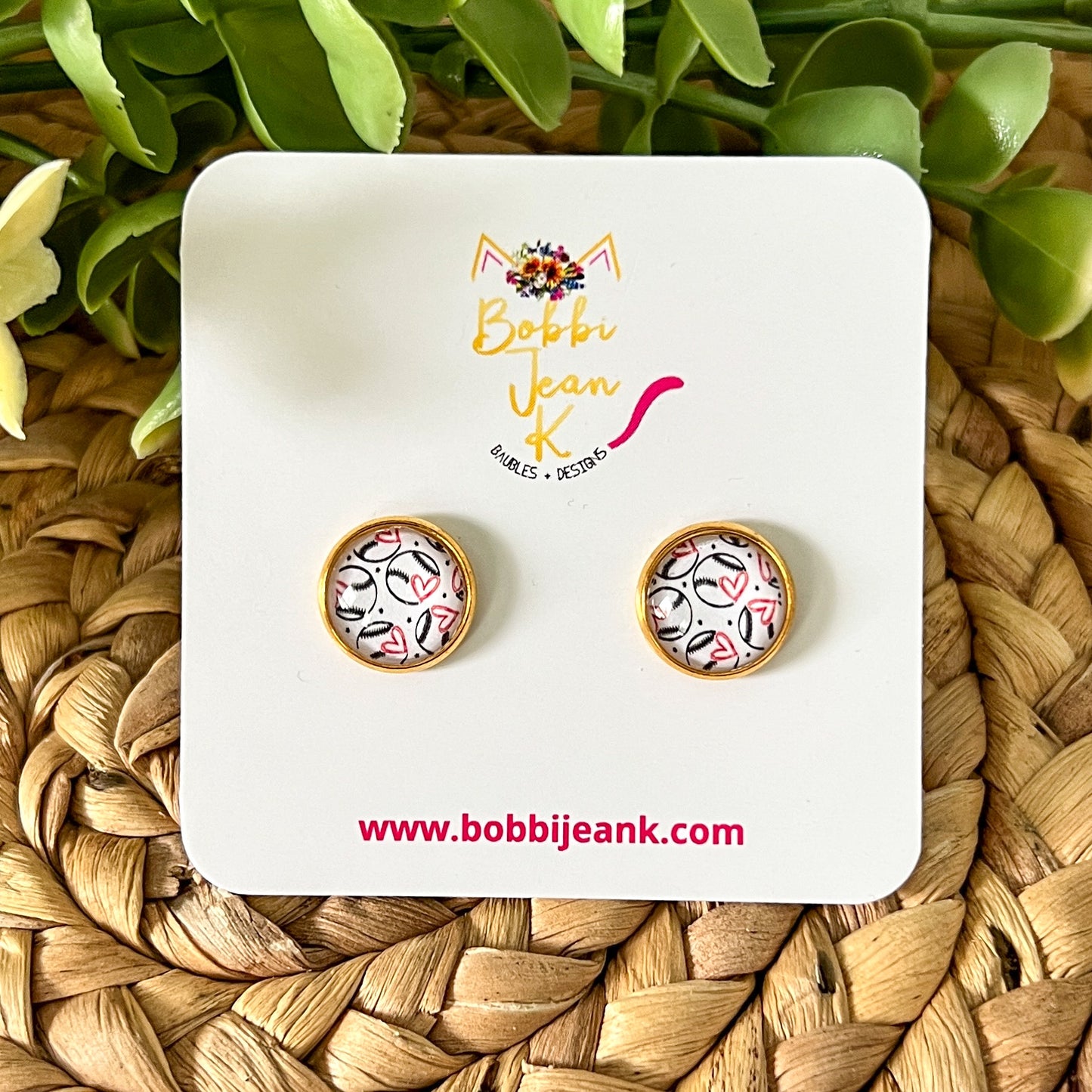 Baseball Heart Glass Studs 12mm: Choose Silver or Gold Settings