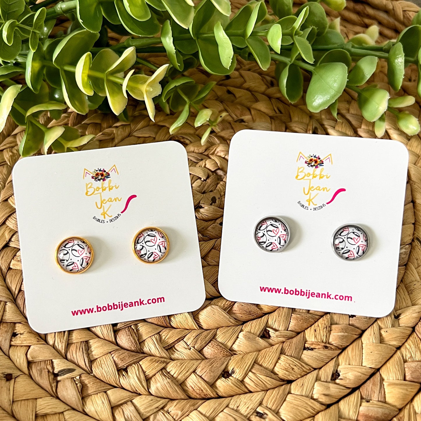 Baseball Heart Glass Studs 12mm: Choose Silver or Gold Settings