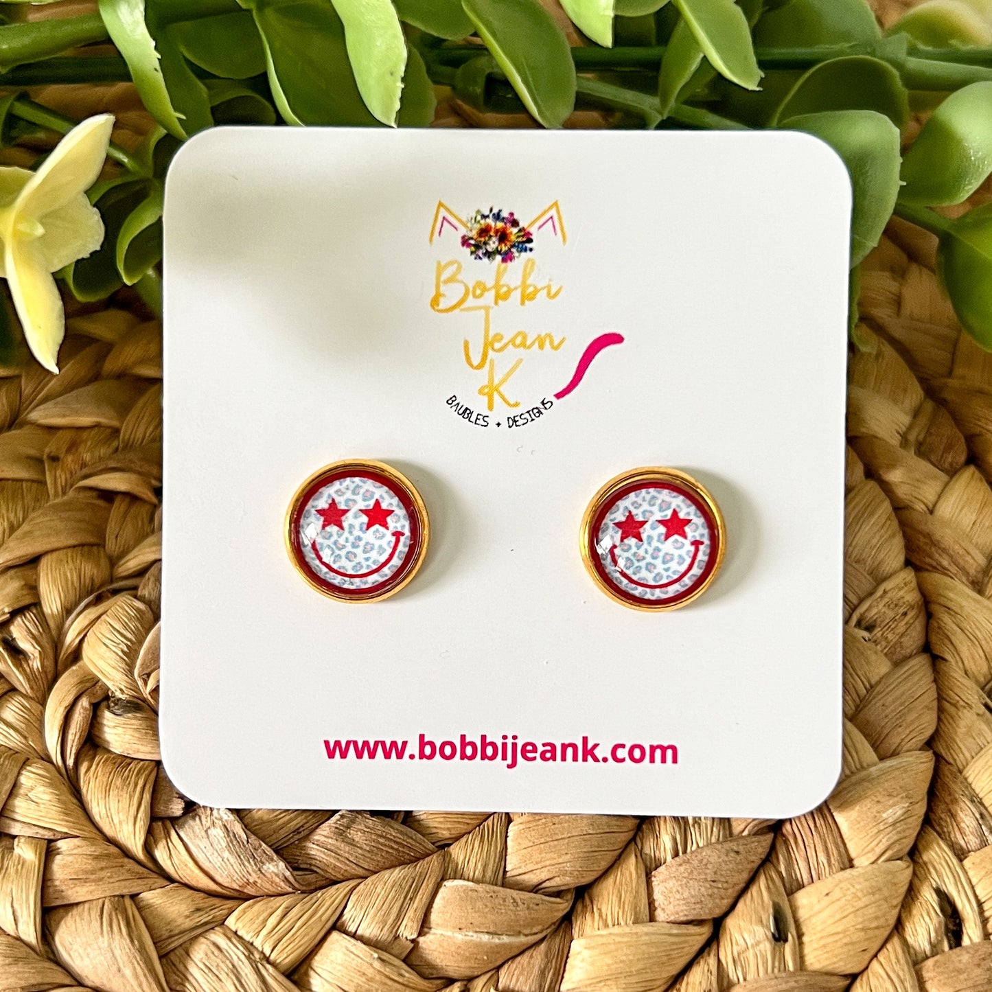 SALE: Star Smile Face Glass Studs 12mm: Choose Silver or Gold Settings - LAST CHANCE