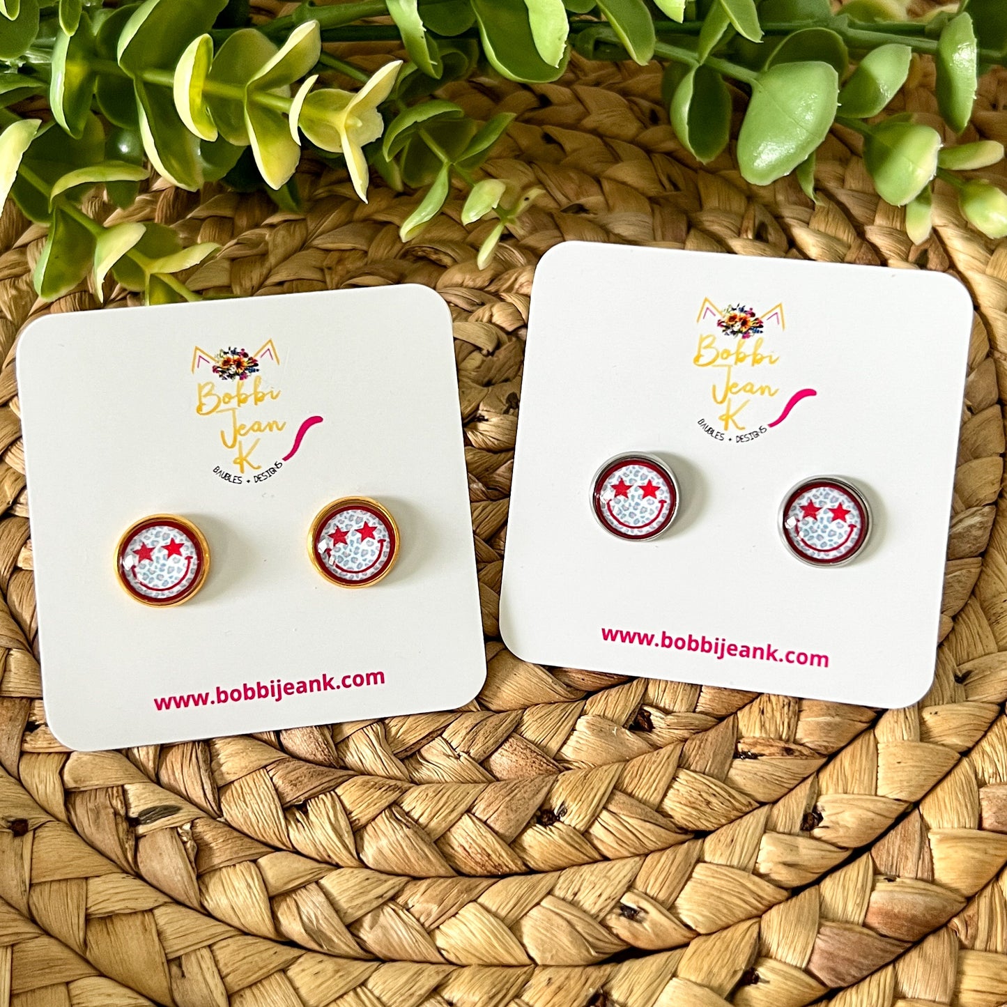 SALE: Star Smile Face Glass Studs 12mm: Choose Silver or Gold Settings - LAST CHANCE