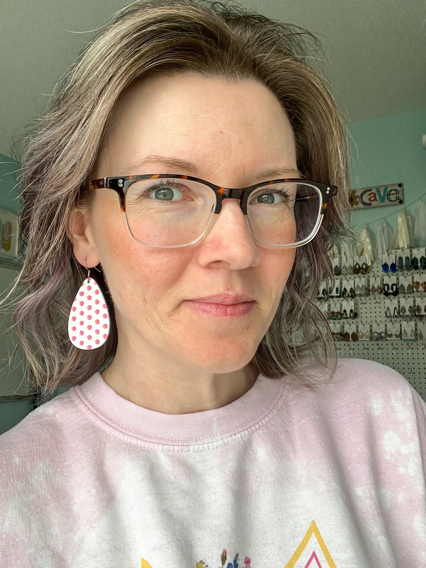 Pink Polka Dotted Embossed Leather Earrings: Choose From 2 Styles - ONLY ONE ROUNDED TEARDROP LEFT