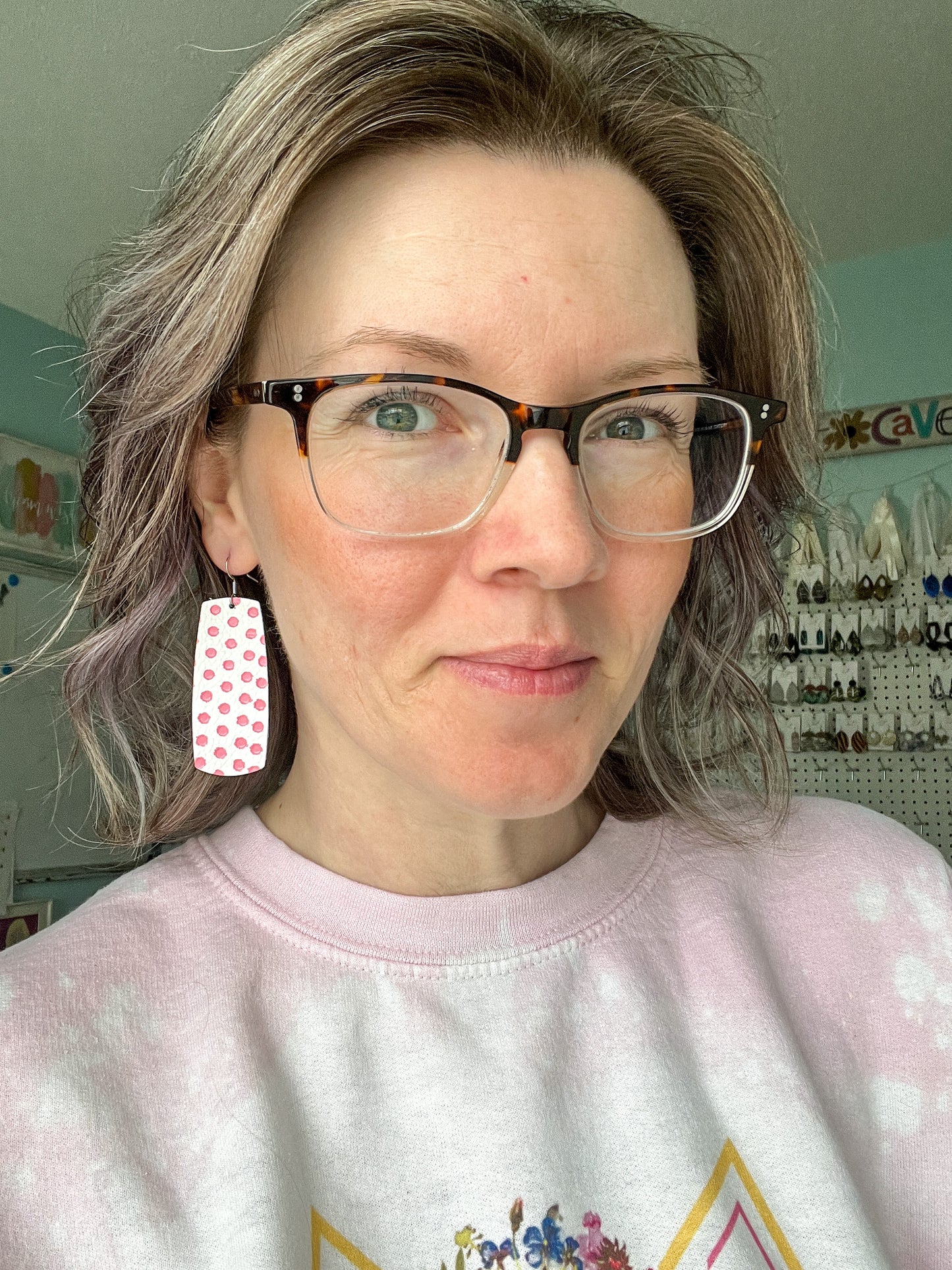 Pink Polka Dotted Embossed Leather Earrings: Choose From 2 Styles - ONLY ONE ROUNDED TEARDROP LEFT