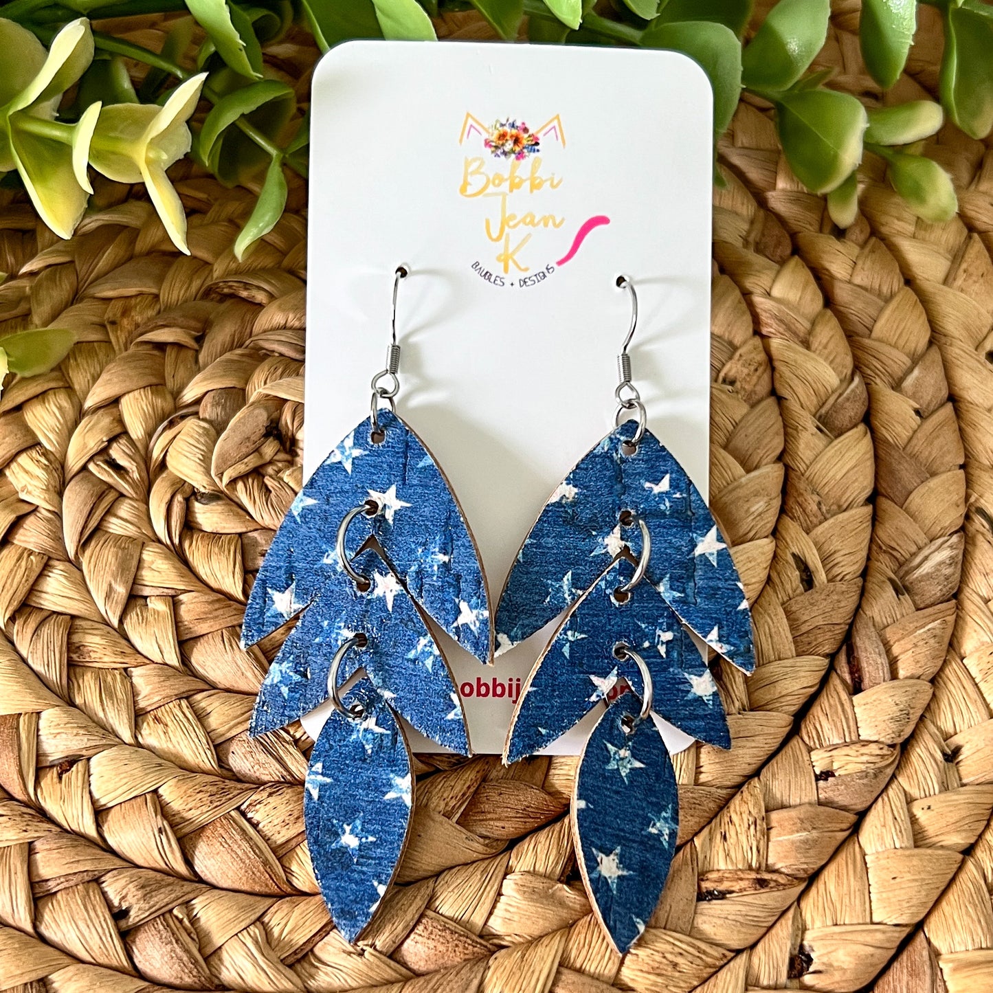Denim Stars Cork on Leather Earrings: Choose From 3 Styles