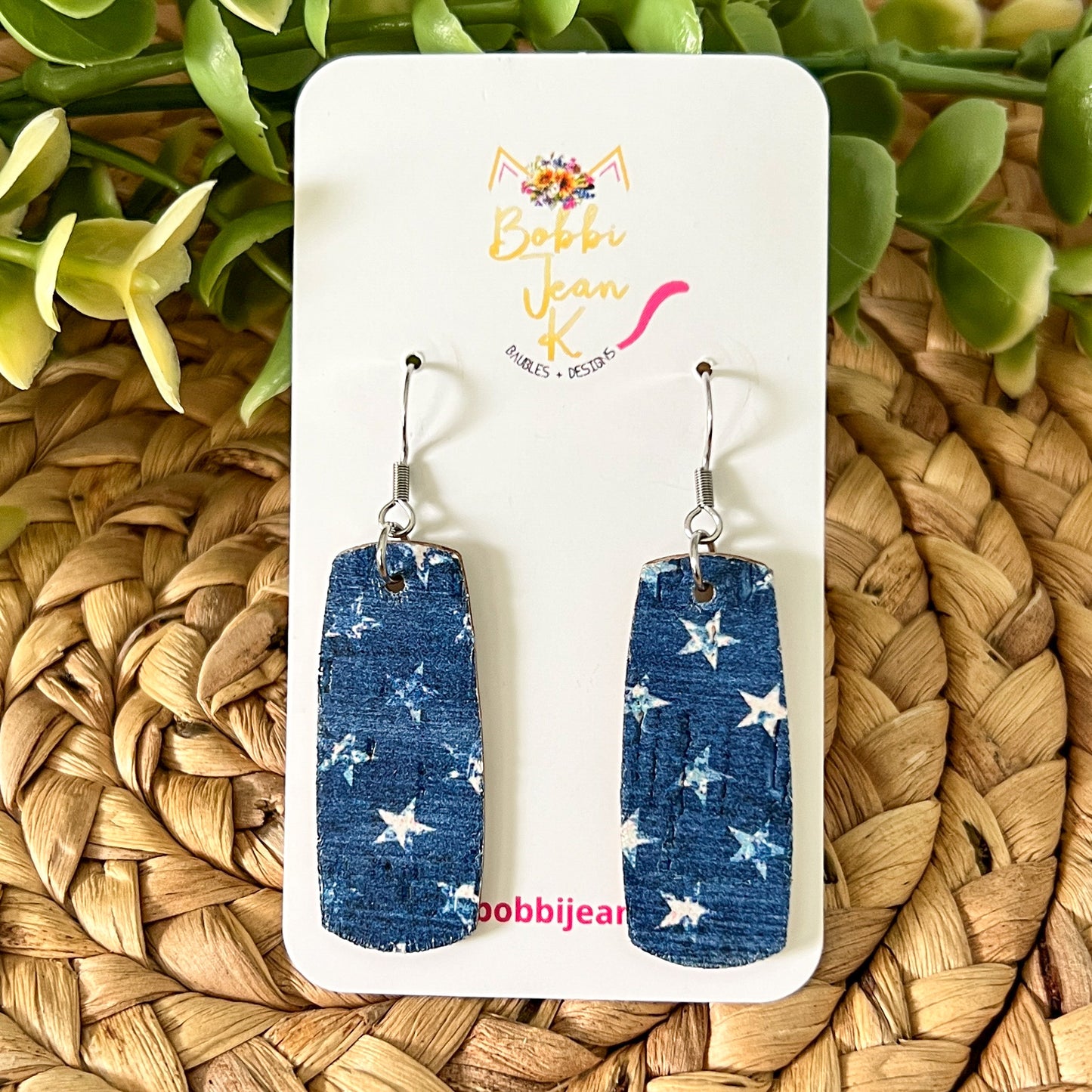 Denim Stars Cork on Leather Earrings: Choose From 3 Styles
