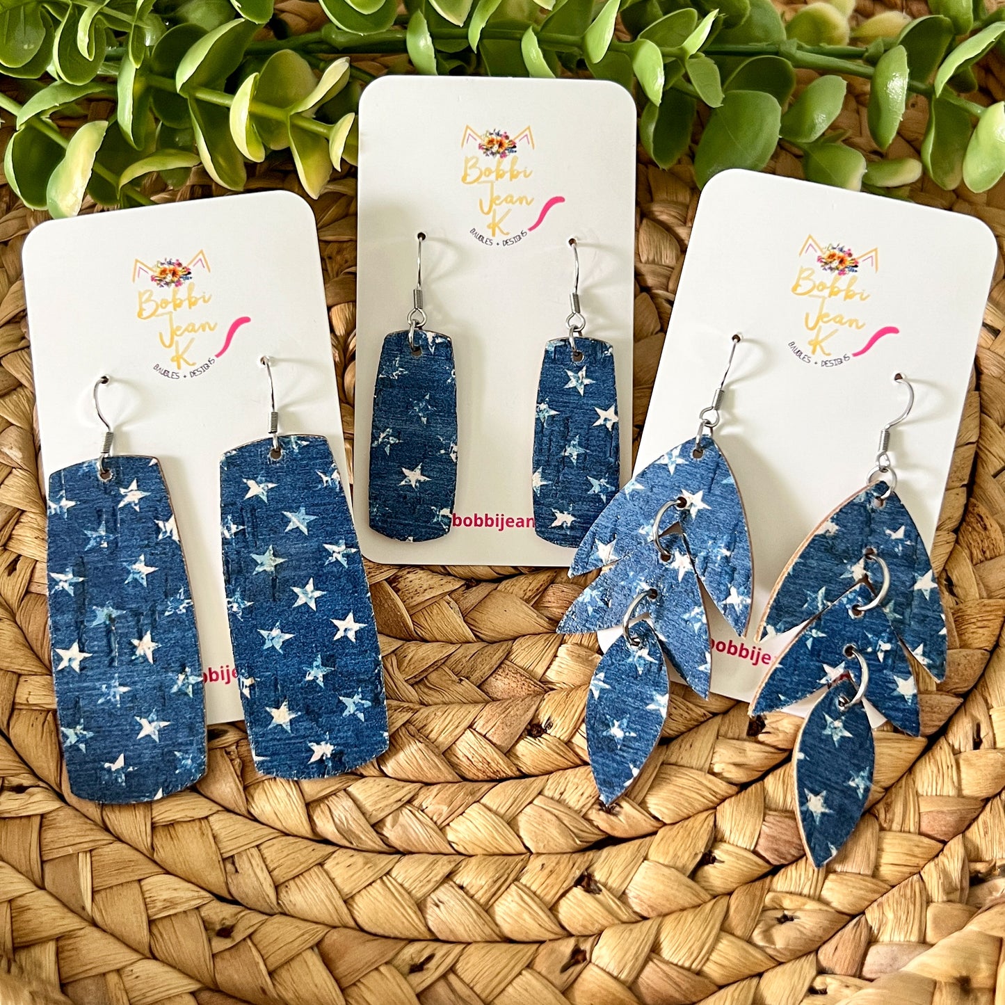 Denim Stars Cork on Leather Earrings: Choose From 3 Styles